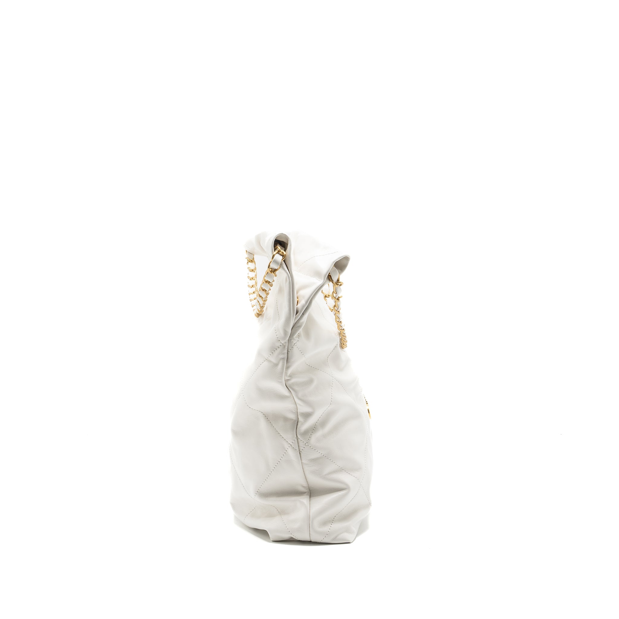 CHANEL MEDIUM 22 BAG GOLD LETTER SHINY CALFSKIN WHITE GHW (MICROCHIP)