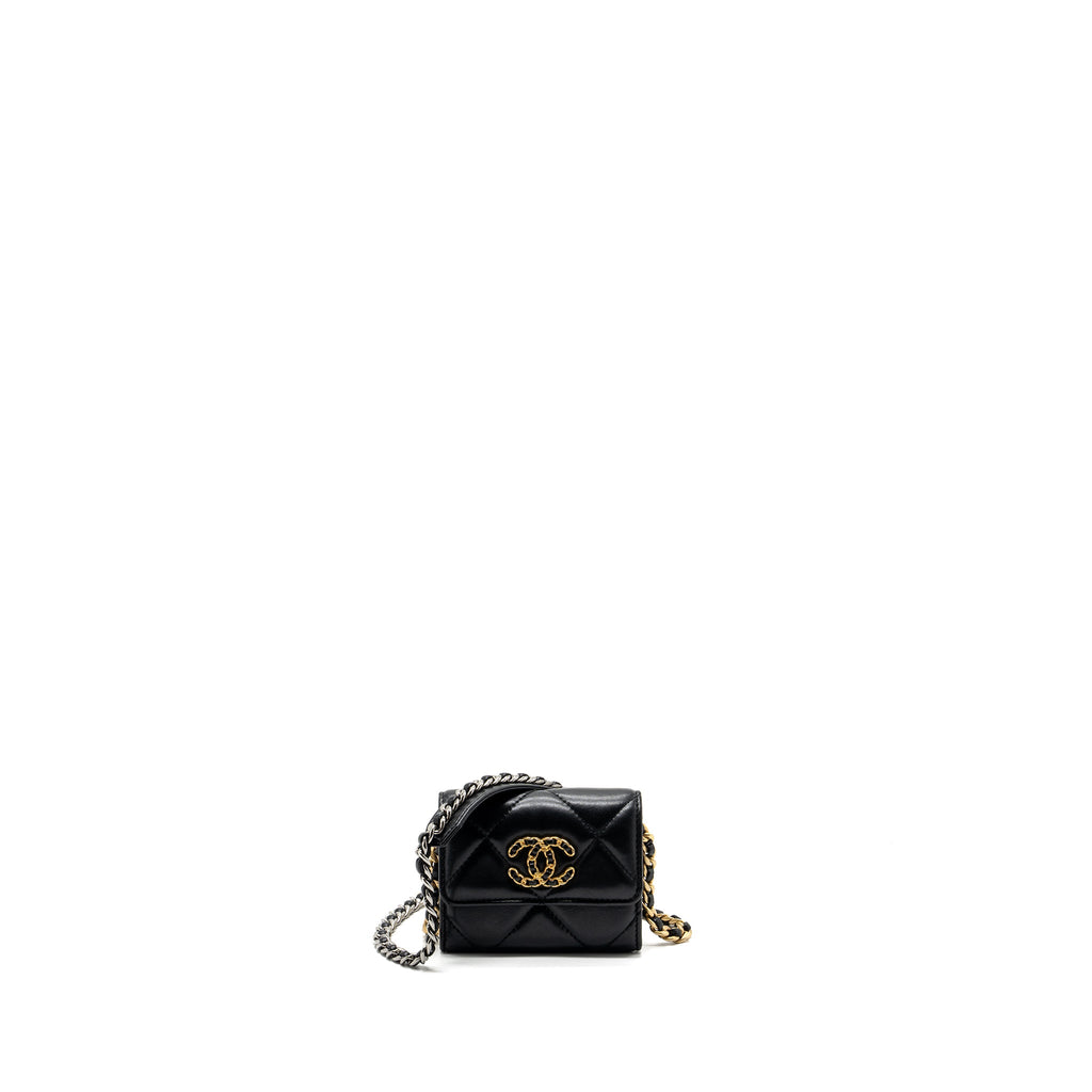 CHANEL 19 FLAP CARD HOLDER WITH CHAIN LAMBSKIN BLACK MULTICOLOR HARDWARE