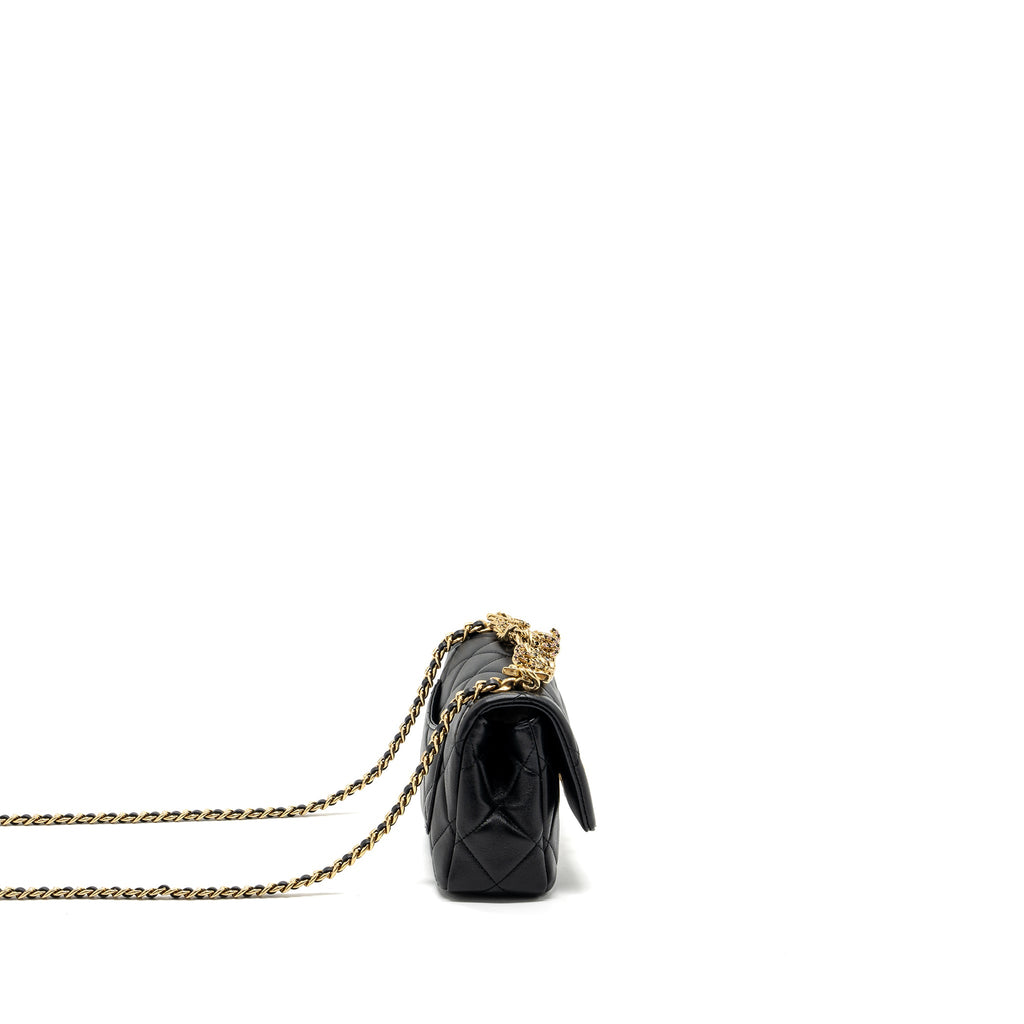 CHANEL LOGO CHAIN HANDLE FLAP BAG LAMBSKIN BLACK GHW(MICROCHIP)