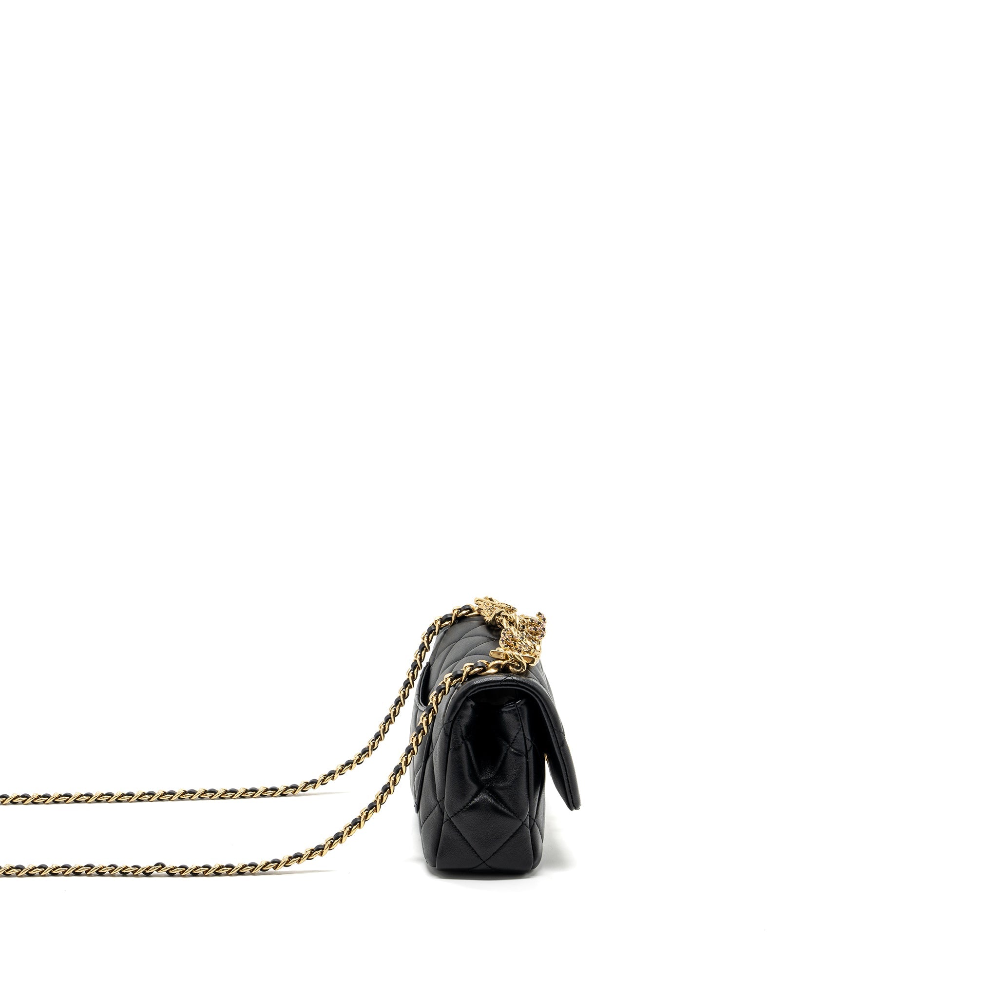 CHANEL LOGO CHAIN HANDLE FLAP BAG LAMBSKIN BLACK GHW(MICROCHIP)