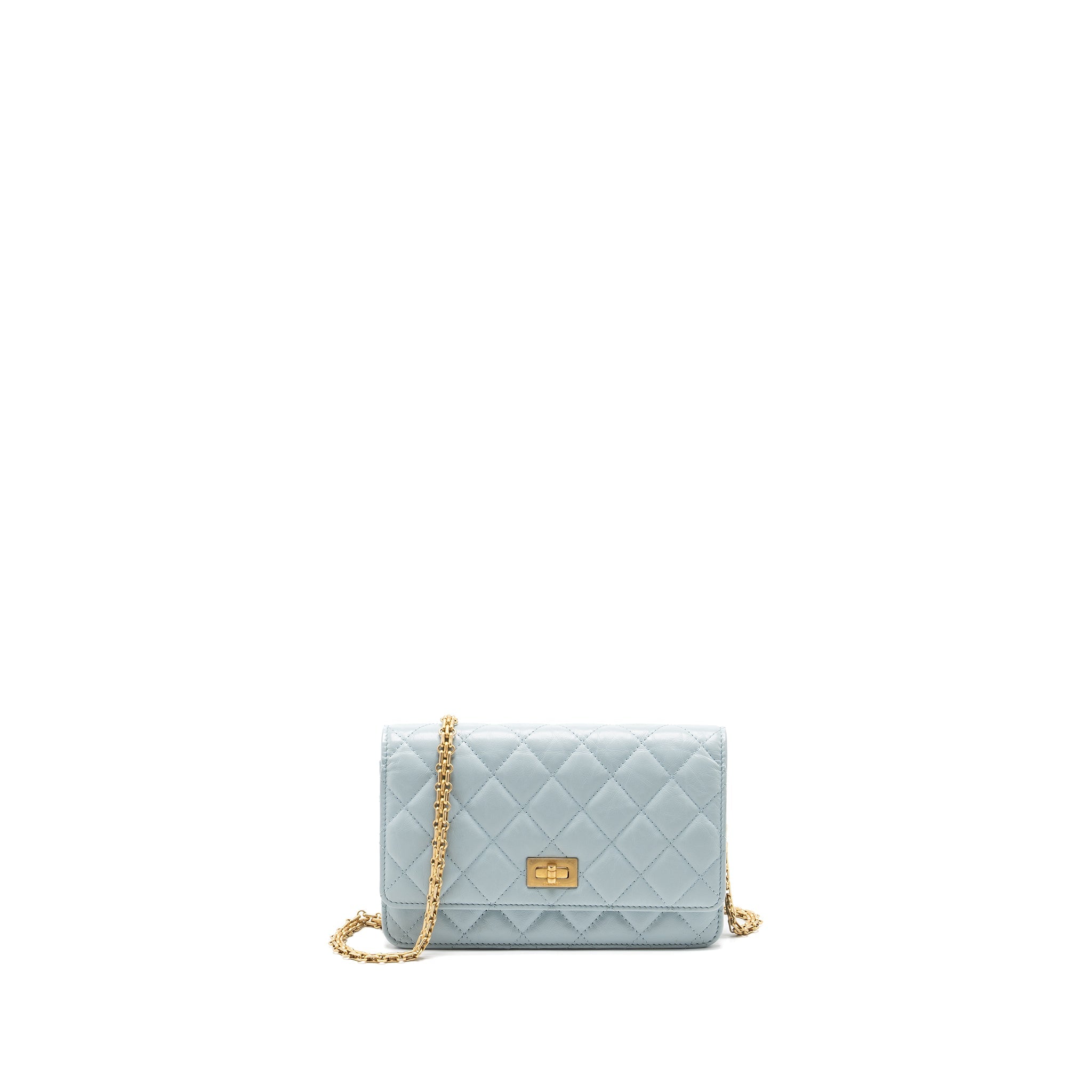 CHANEL 2.55 REISSUE WALLET ON CHAIN AGED CALFSKIN LIGHT BLUE BRUSHED GHW (MICROCHIP)