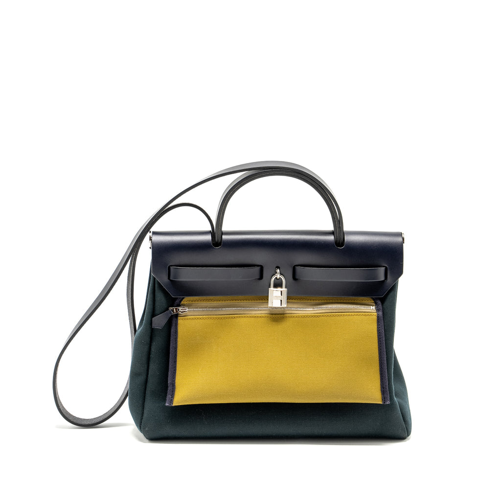 HERMES HERBAG 31 ZIP BAG CANVAS / HUNTER VERT CYPRES / VERT OLIVE / BLUE INDIGO SHW