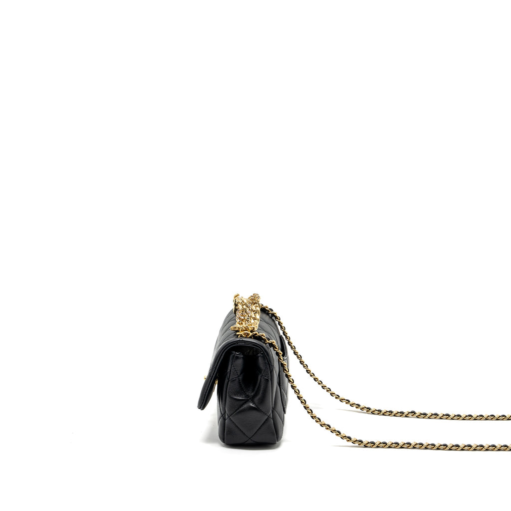 CHANEL LOGO CHAIN HANDLE FLAP BAG LAMBSKIN BLACK GHW(MICROCHIP)