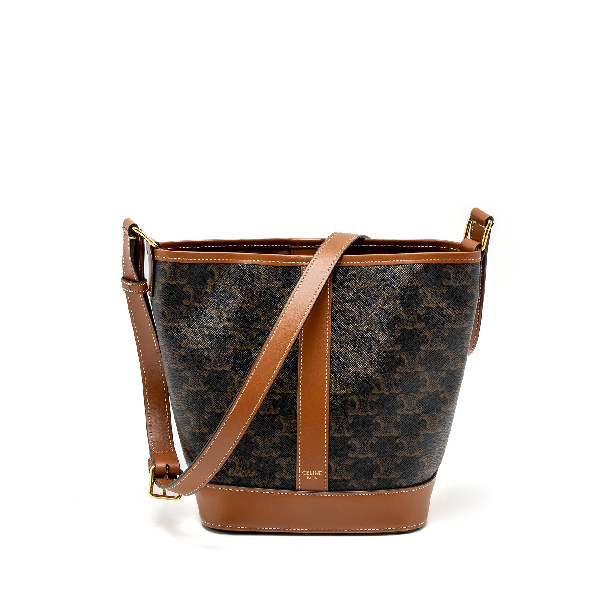 CELINE SMALL BUCKET BAG TRIOMPHE CANVAS/CALFSKIN TAN GHW