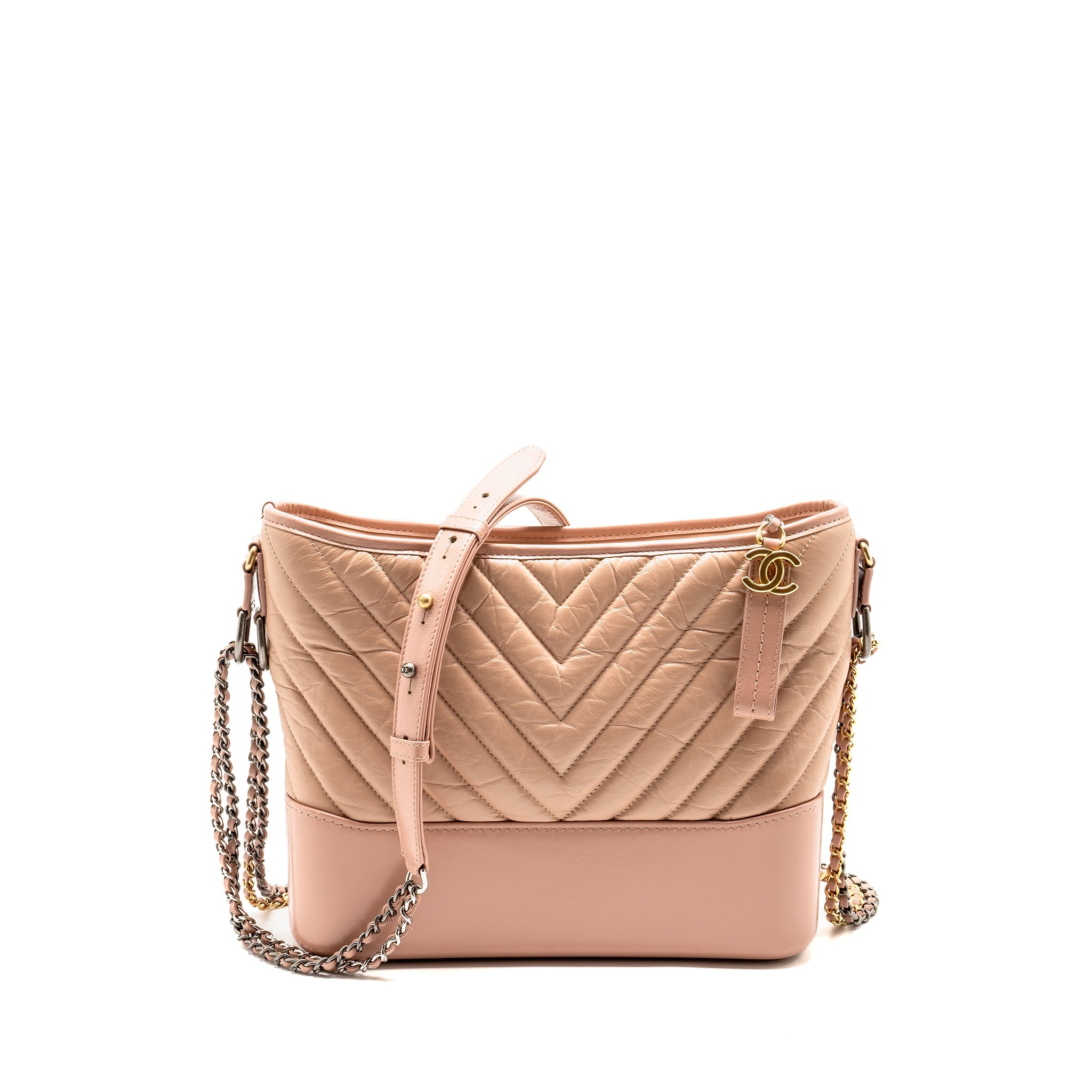 CHANEL CHEVRON GABRIELLE HOBO BAG CALFSKIN PINK BEIGE MULTICOLOUR HARDWARE