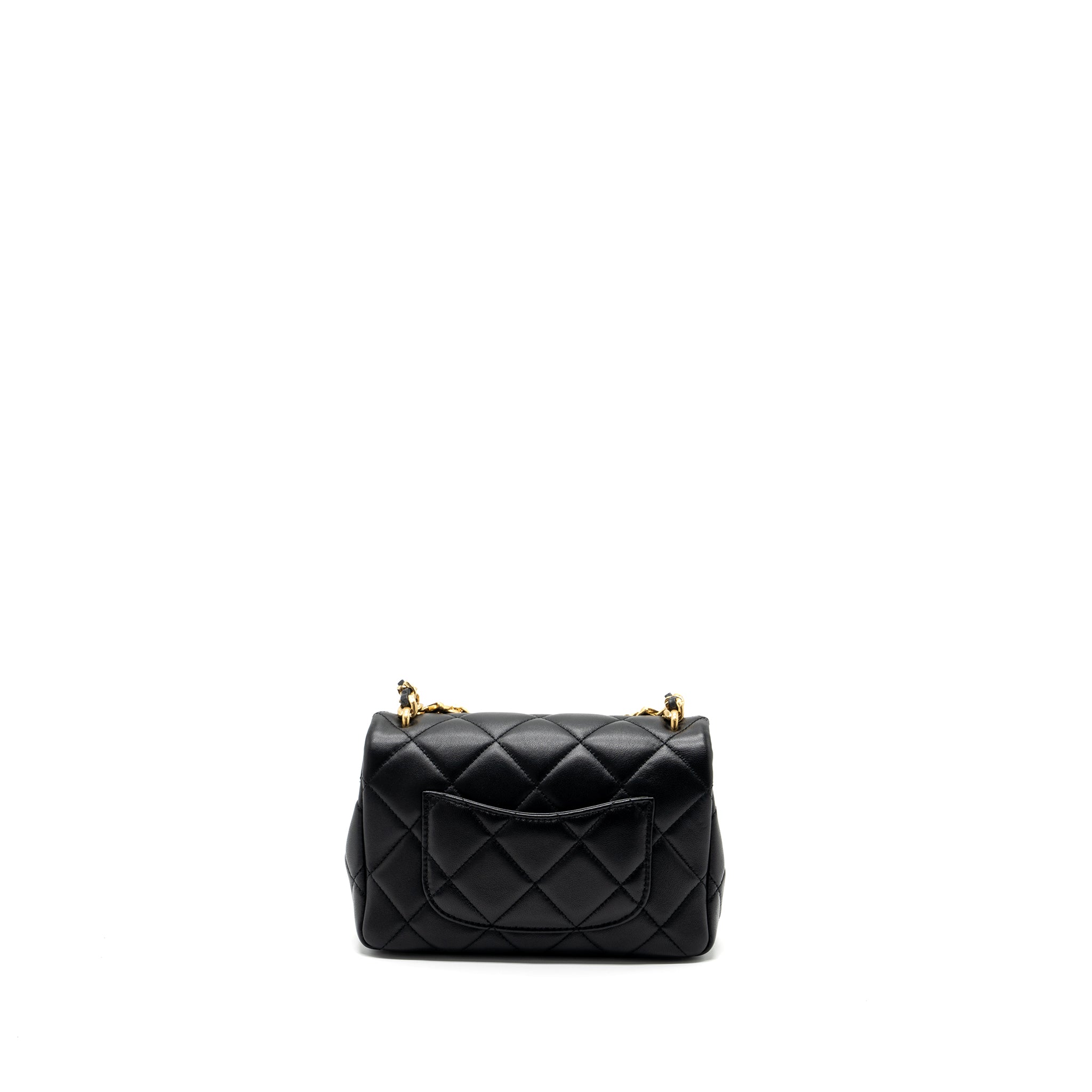 CHANEL LOGO CHAIN HANDLE FLAP BAG LAMBSKIN BLACK GHW(MICROCHIP)