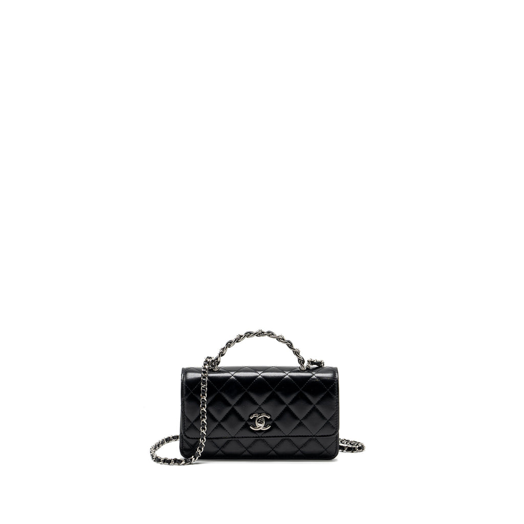 CHANEL CRYSTAL TOP HANDLE MINI FLAP BAG CALFSKIN BLACK WITH BLACK HARDWARE (MICROCHIP)