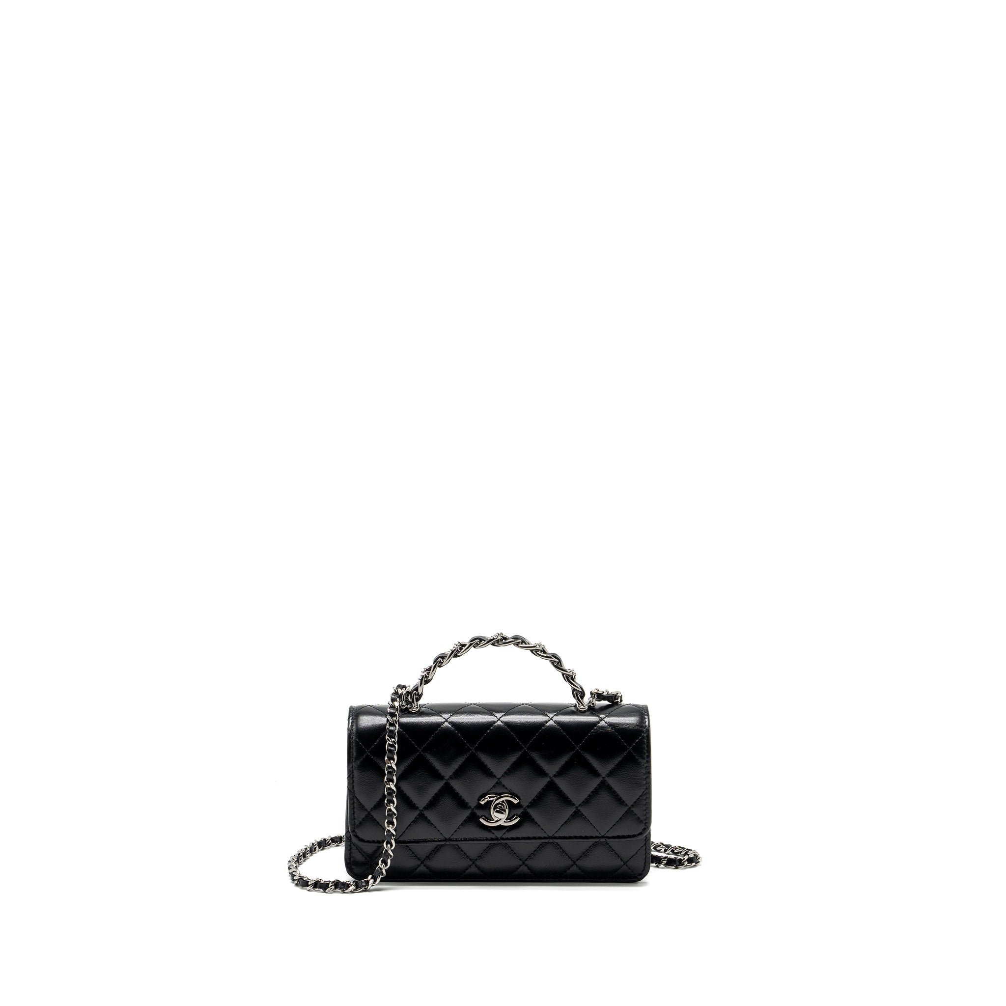 CHANEL CRYSTAL TOP HANDLE MINI FLAP BAG CALFSKIN BLACK WITH BLACK HARDWARE (MICROCHIP)