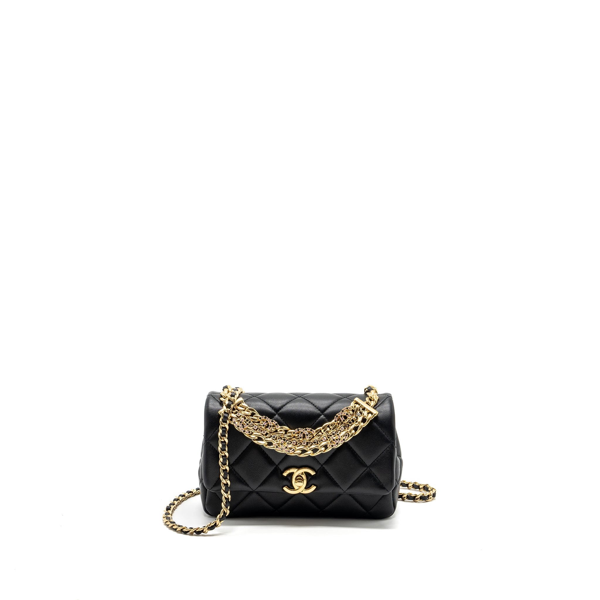CHANEL LOGO CHAIN HANDLE FLAP BAG LAMBSKIN BLACK GHW(MICROCHIP)