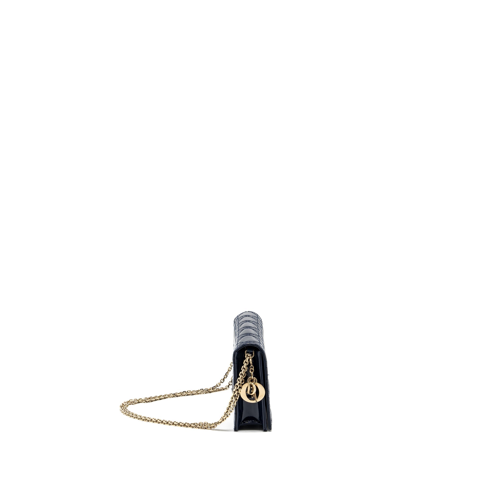 DIOR LADY DIOR POUCH WITH CHAIN PATENT DARK BLUE LGHW