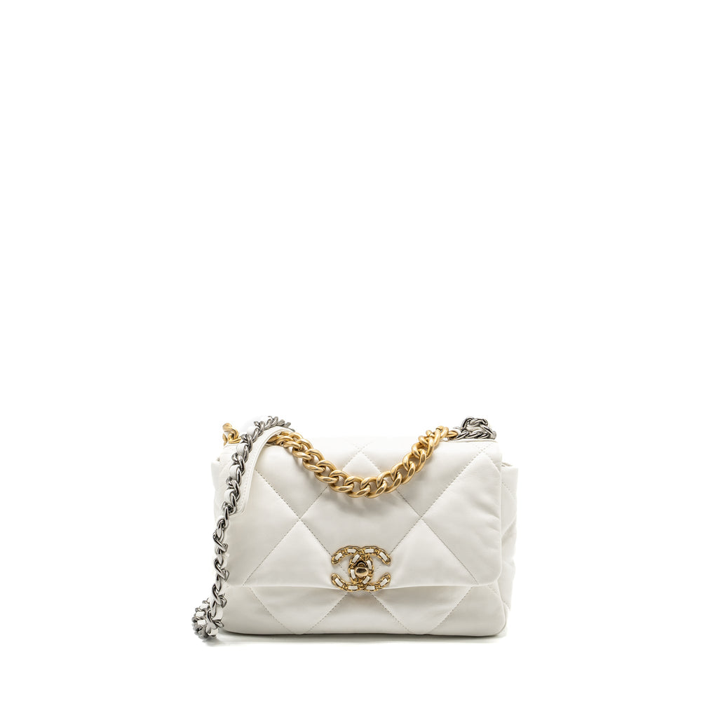CHANEL SMALL 19 BAG SHINY GOATSKIN WHITE MULTICOLOURED HARDWARE