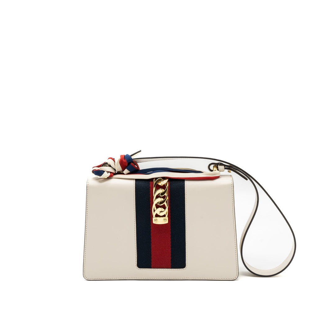 GUCCI SYLVIE EMBROIDERED SHOULDER BAG CALFSKIN WHITE GHW
