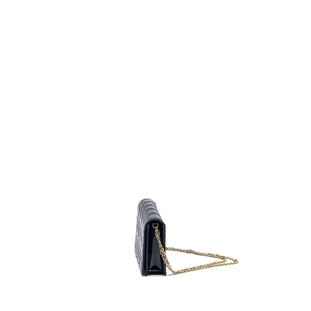 DIOR LADY DIOR POUCH WITH CHAIN PATENT DARK BLUE LGHW