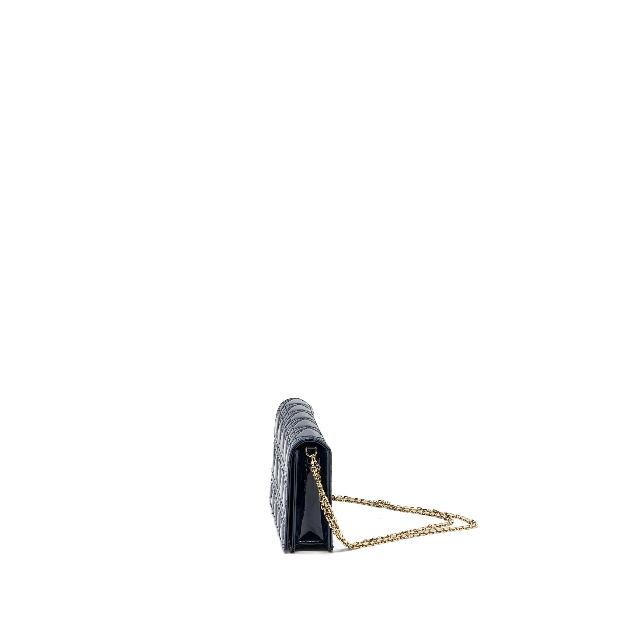 DIOR LADY DIOR POUCH WITH CHAIN PATENT DARK BLUE LGHW
