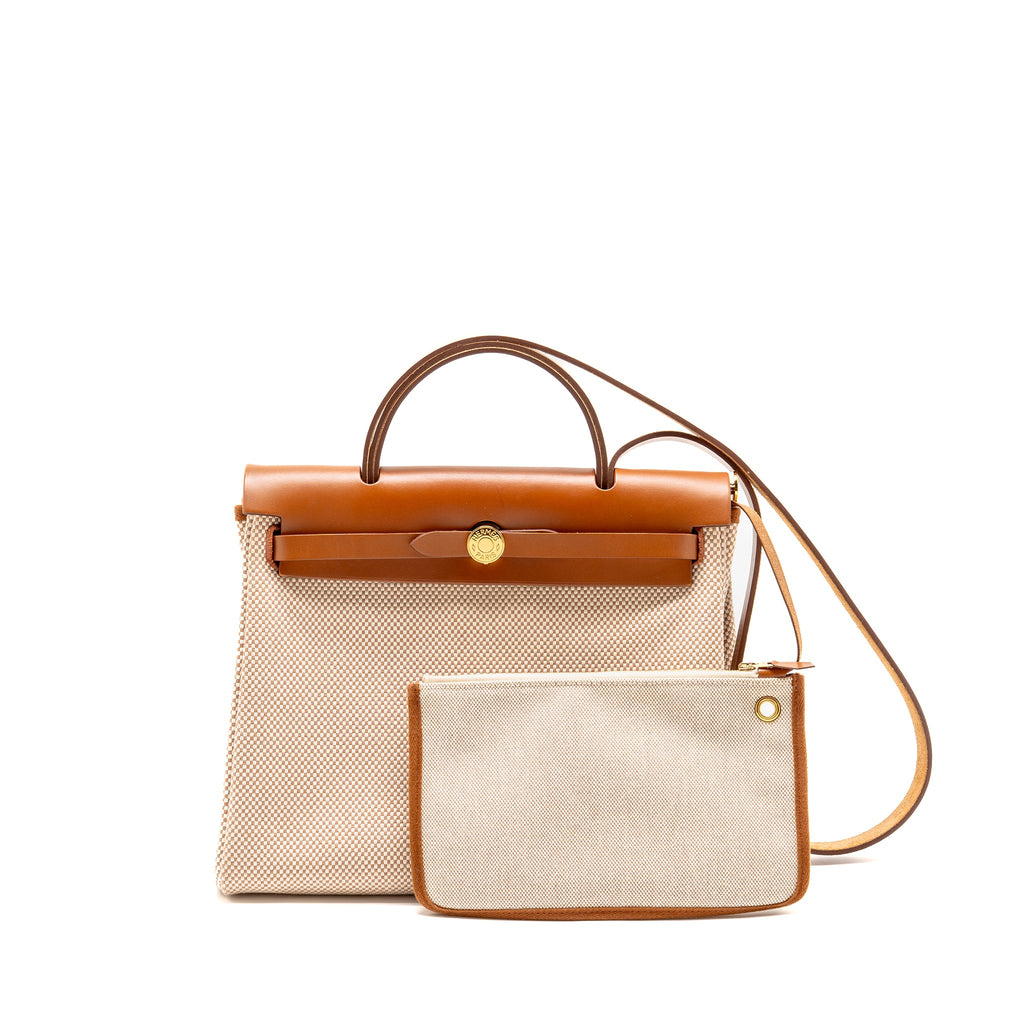 HERMES HERBAG 31 ZIP BAG CANVAS/VACHE HUNTER ECRU-BEIGE/FAUVE GHW