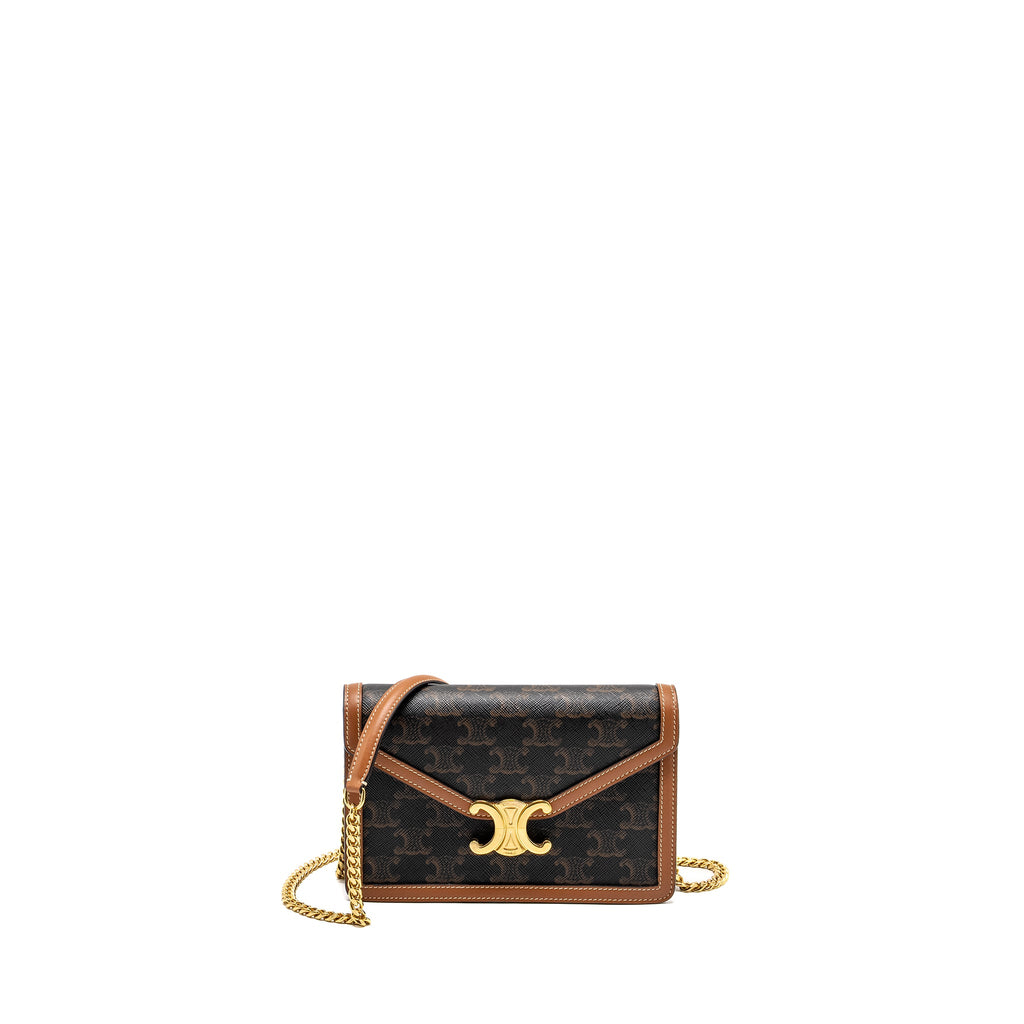 CELINE WALLET ON CHAIN MARGO TRIOMPHE CANVAS/CALFSKIN TAN GHW