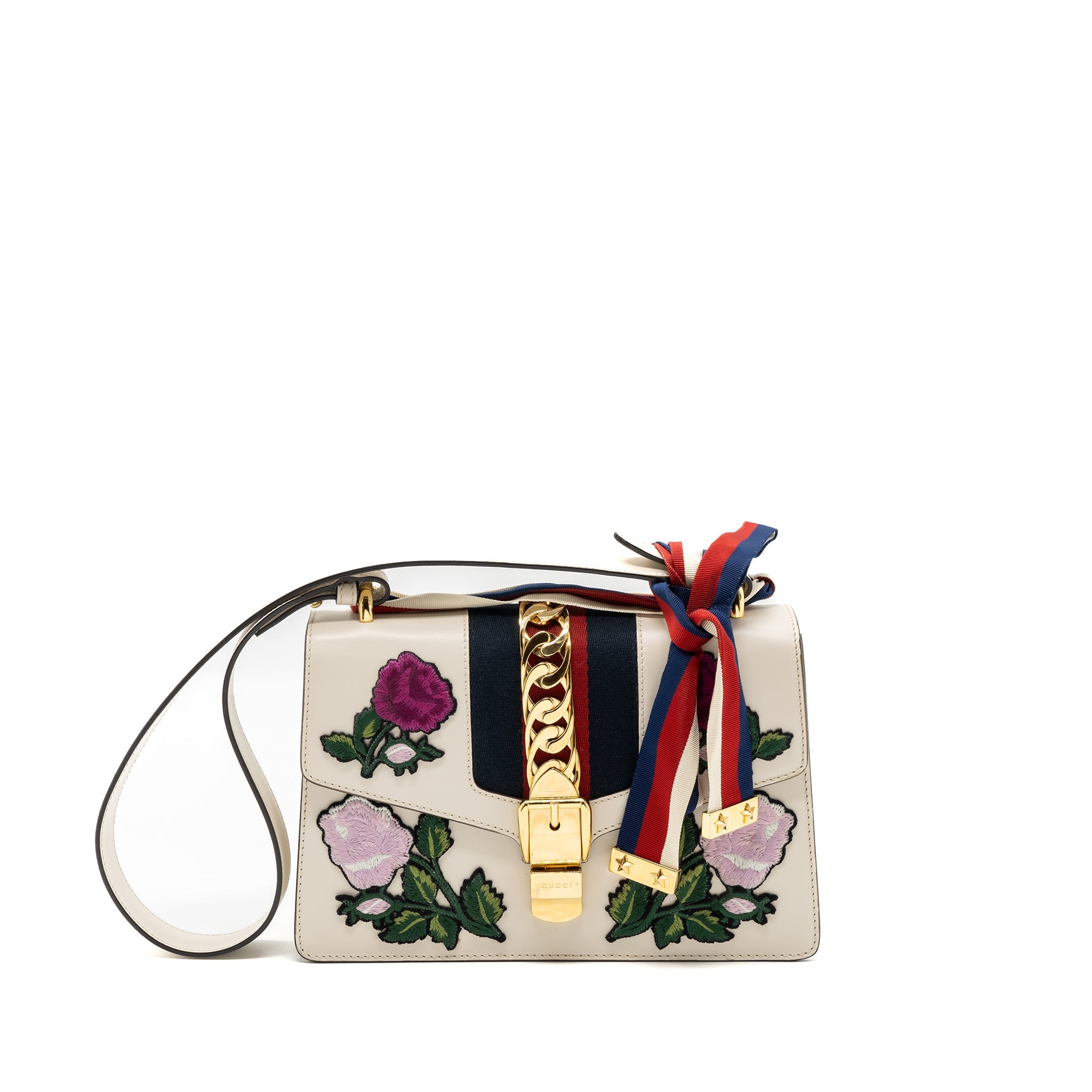 GUCCI SYLVIE EMBROIDERED SHOULDER BAG CALFSKIN WHITE GHW