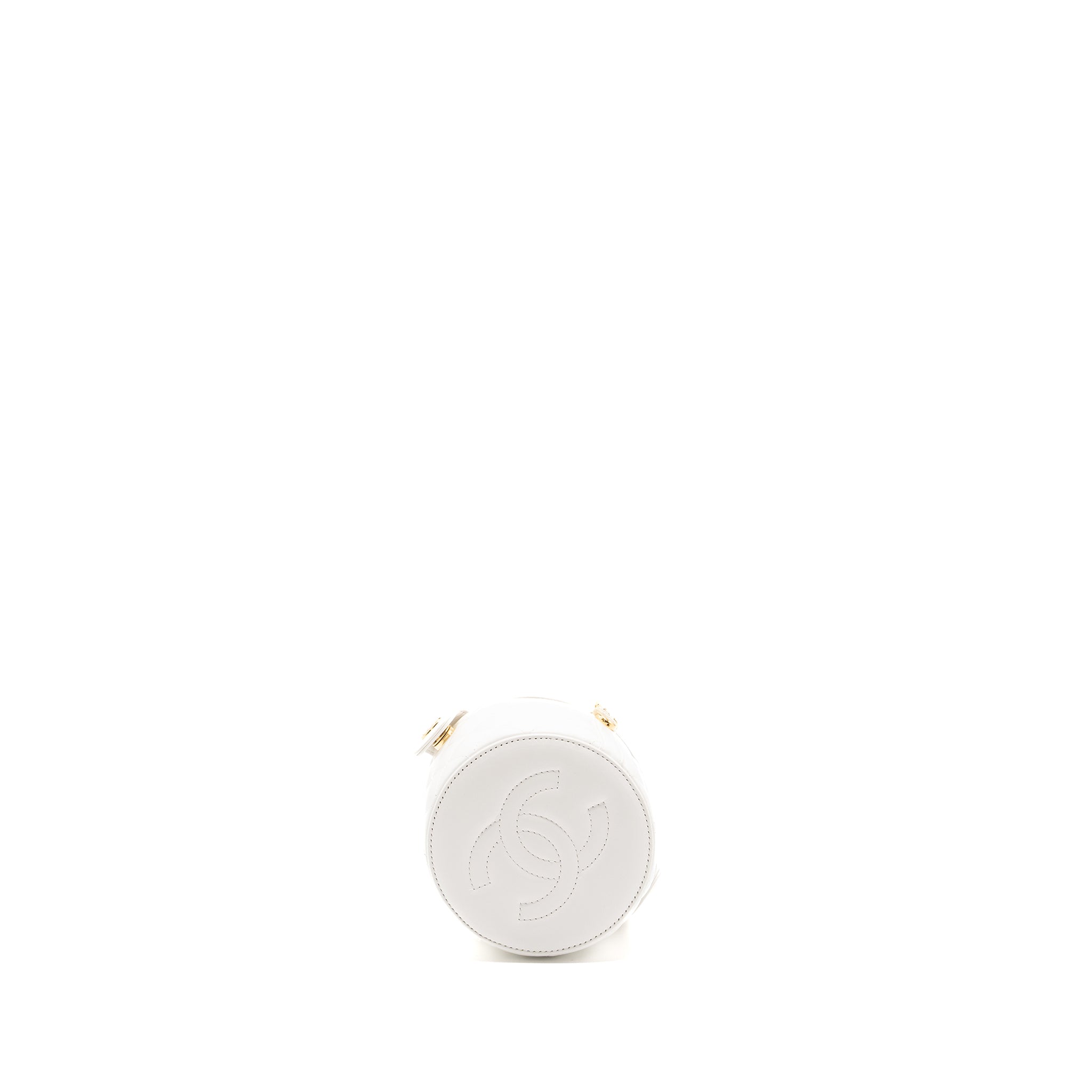CHANEL TOP HANDLE ROUND VANITY WITH CHAIN LAMBSKIN WHITE GHW (MICROCHIP)