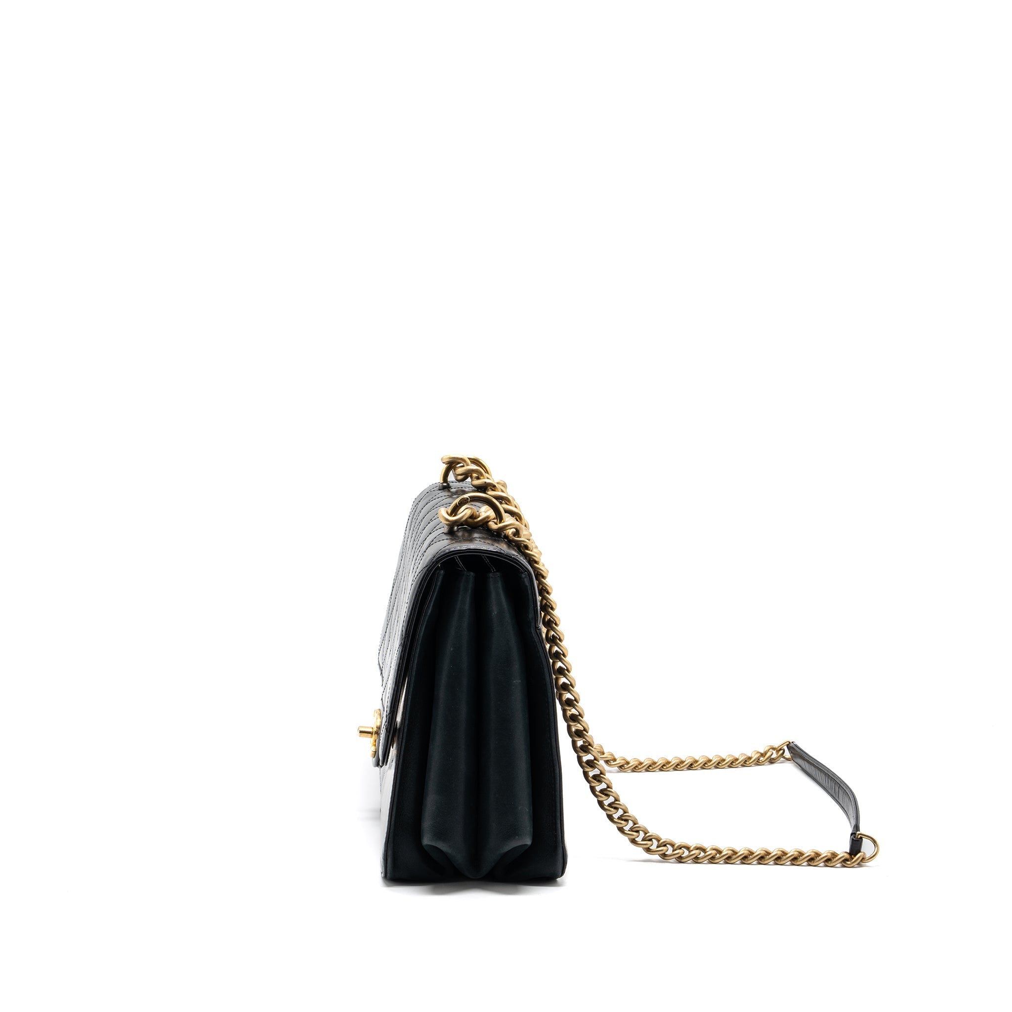 CHANEL FLAP BAG WITH CHAINS HANDLE CALFSKIN BLACK GHW