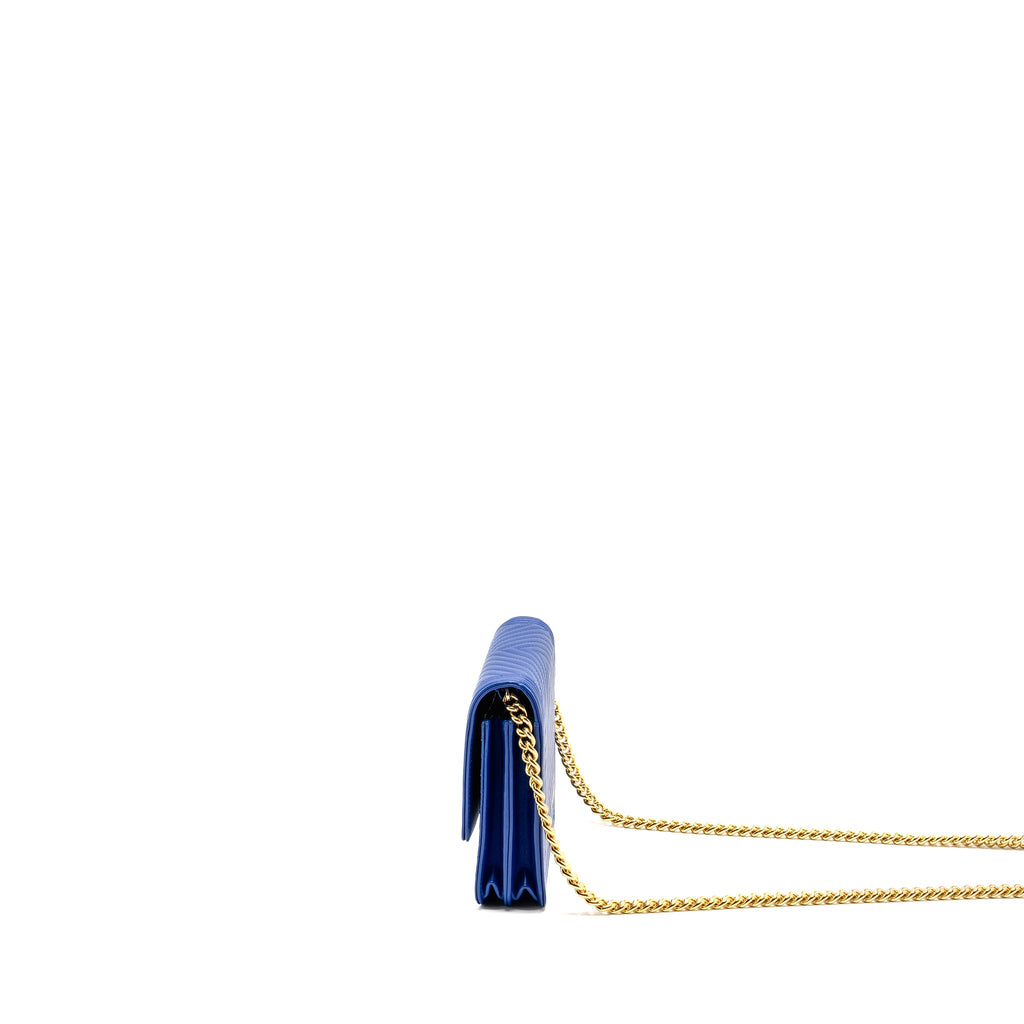 CHANEL BOY CLUTCH WITH CHAIN  CHERVON LAMBSKIN BLUE GHW