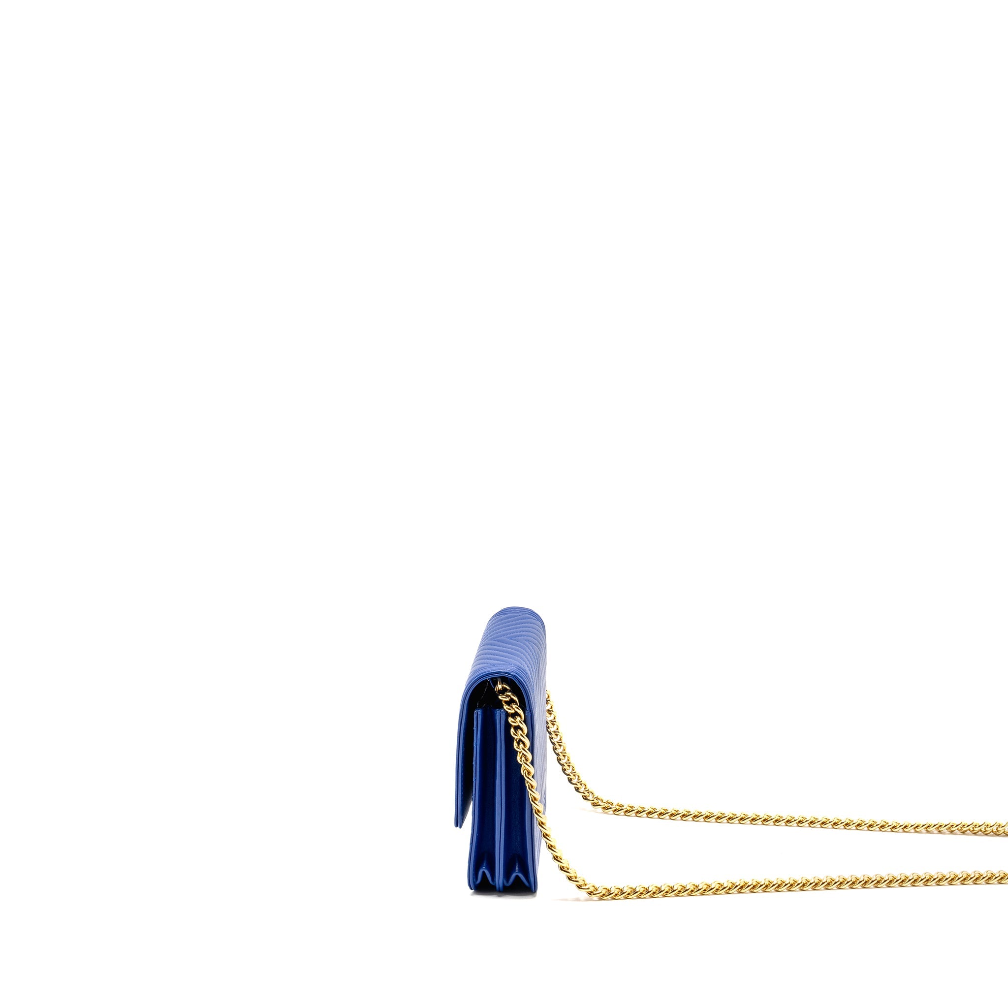 CHANEL BOY CLUTCH WITH CHAIN  CHERVON LAMBSKIN BLUE GHW