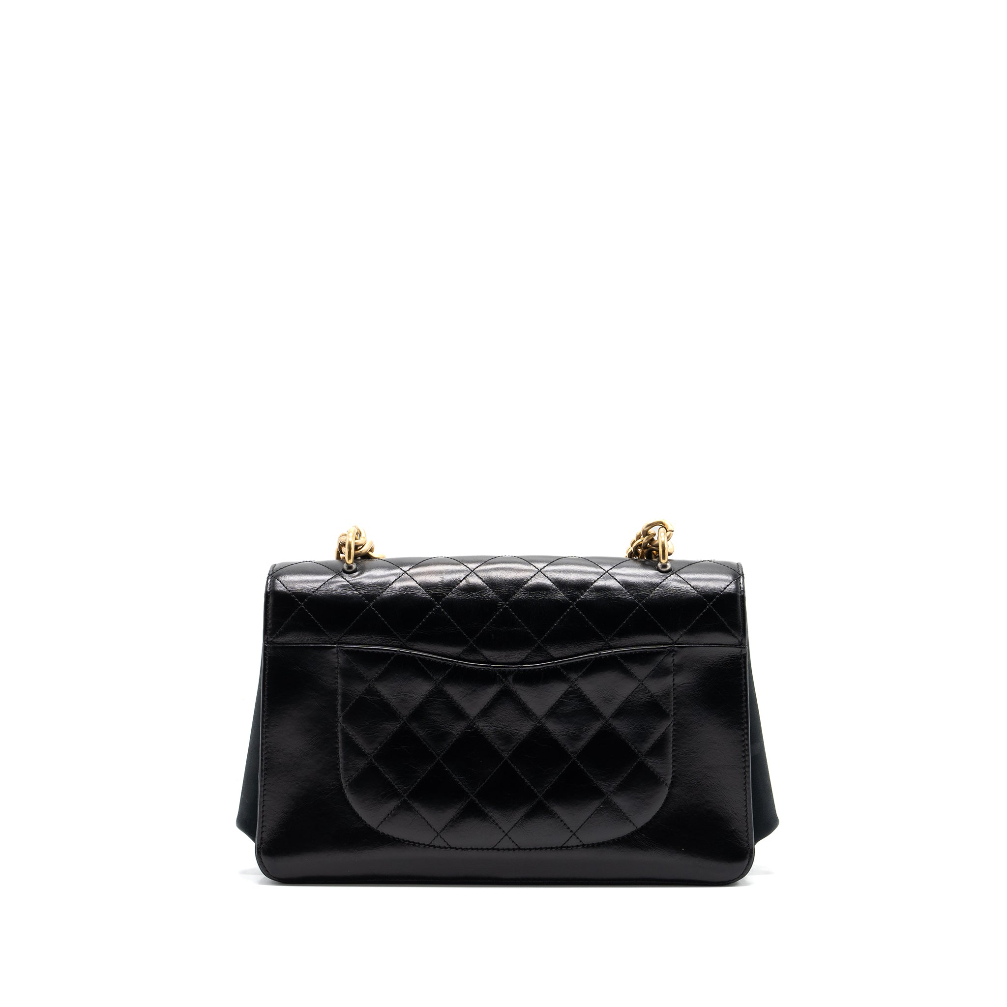 CHANEL FLAP BAG WITH CHAINS HANDLE CALFSKIN BLACK GHW