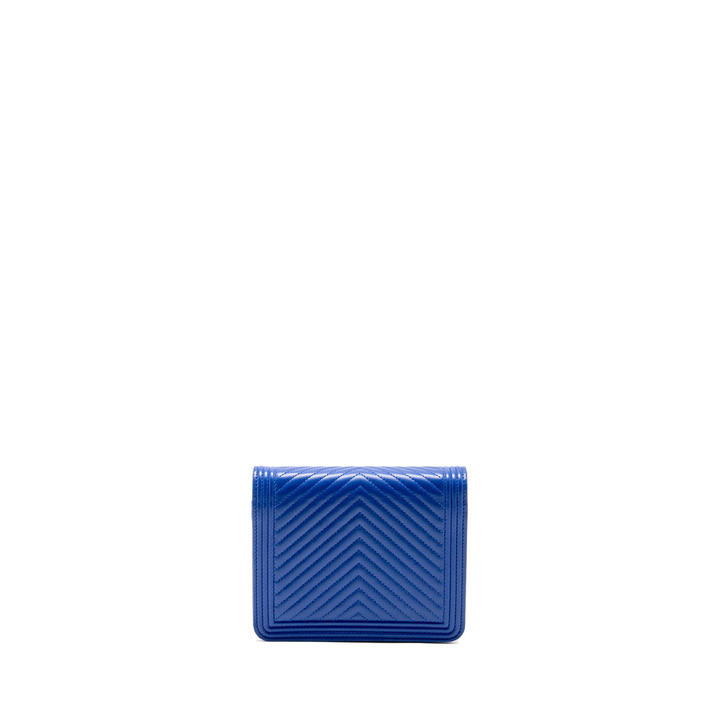 CHANEL BOY CLUTCH WITH CHAIN  CHERVON LAMBSKIN BLUE GHW