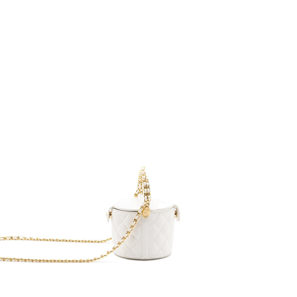CHANEL TOP HANDLE ROUND VANITY WITH CHAIN LAMBSKIN WHITE GHW (MICROCHIP)