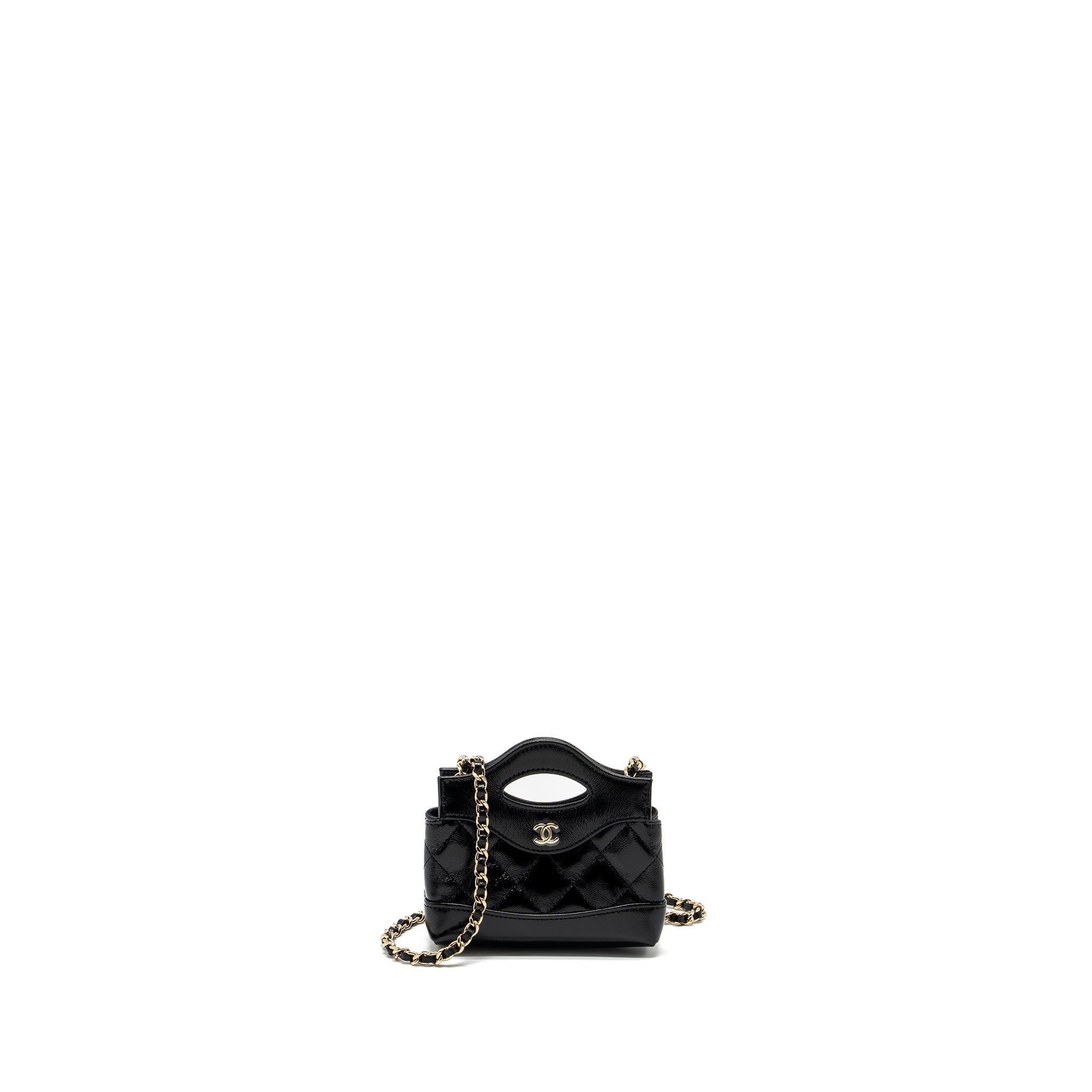 CHANEL 24S 31 NANO CLUTCH WITH CHAIN SHINY LAMBSKIN BLACK LGHW (MICROCHIP)