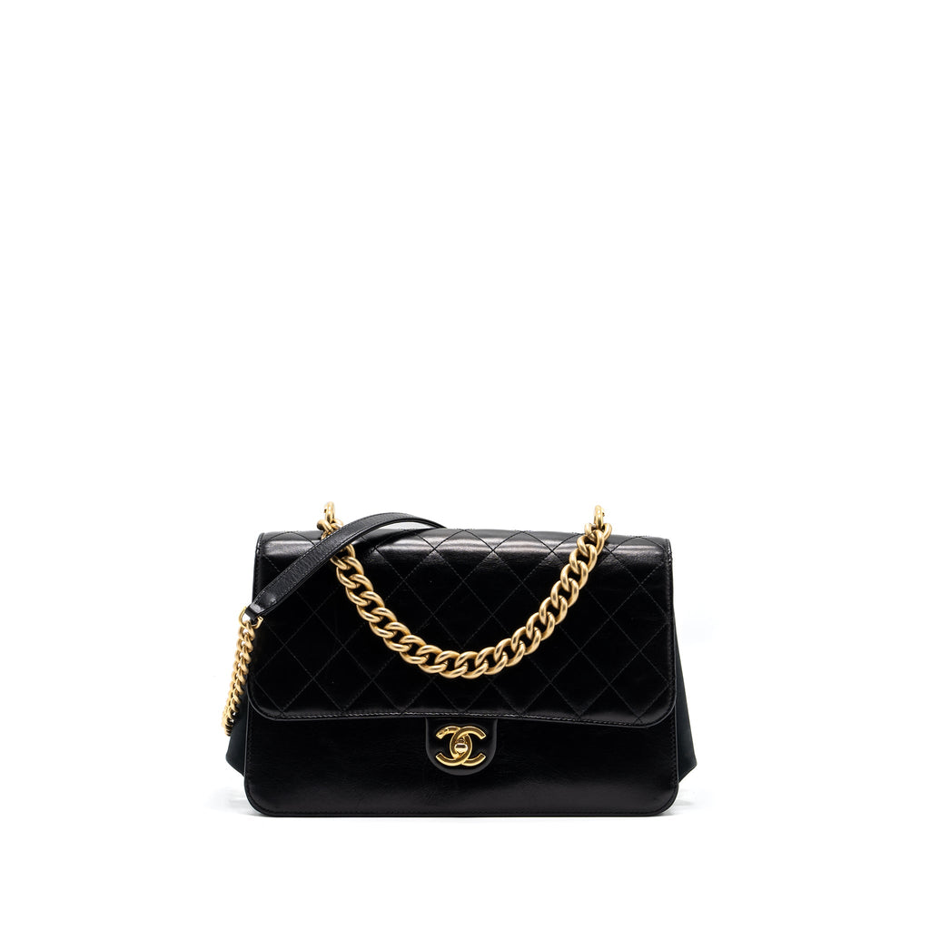 CHANEL FLAP BAG WITH CHAINS HANDLE CALFSKIN BLACK GHW