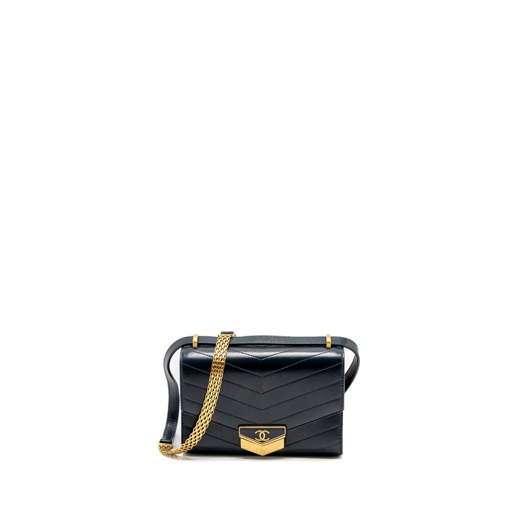 CHANEL LOCK ME UP CHEVRON MEDAL FLAP BAG CALFSKIN DARK NAVY GHW