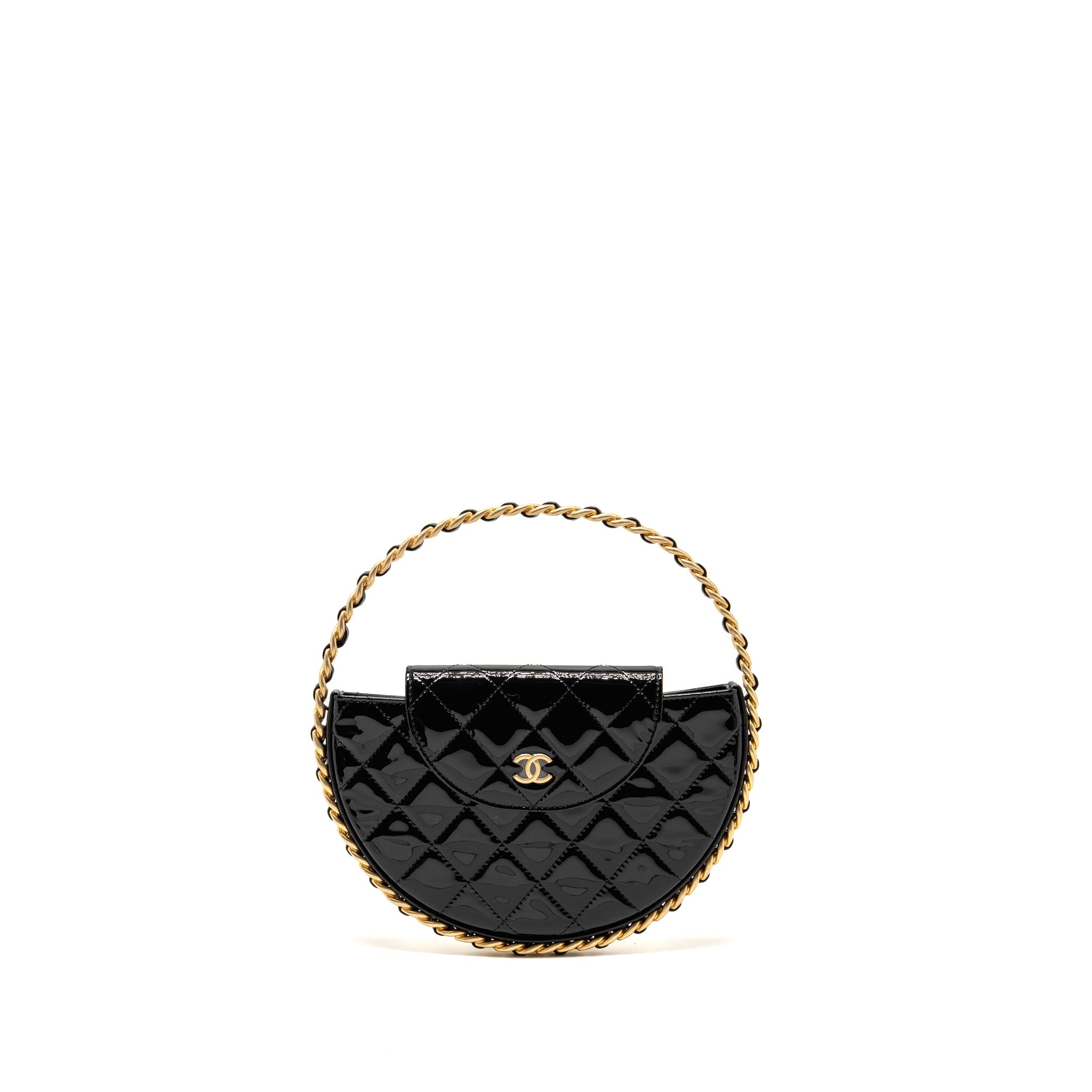 CHANEL 23K HOOP BAG PATENT LEATHER BLACK GHW (MICROCHIP)