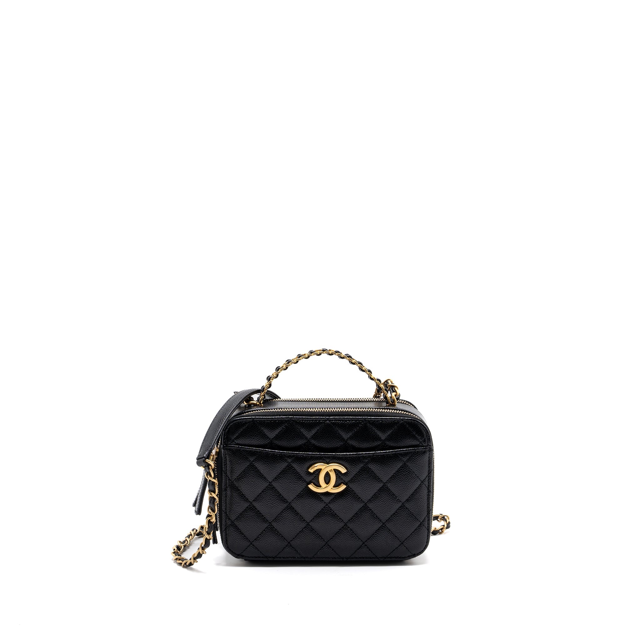 CHANEL LETTER TOP HANDLE SMALL VANITY CASE CAVIAR BLACK BRUSHED GHW(MICROCHIP)