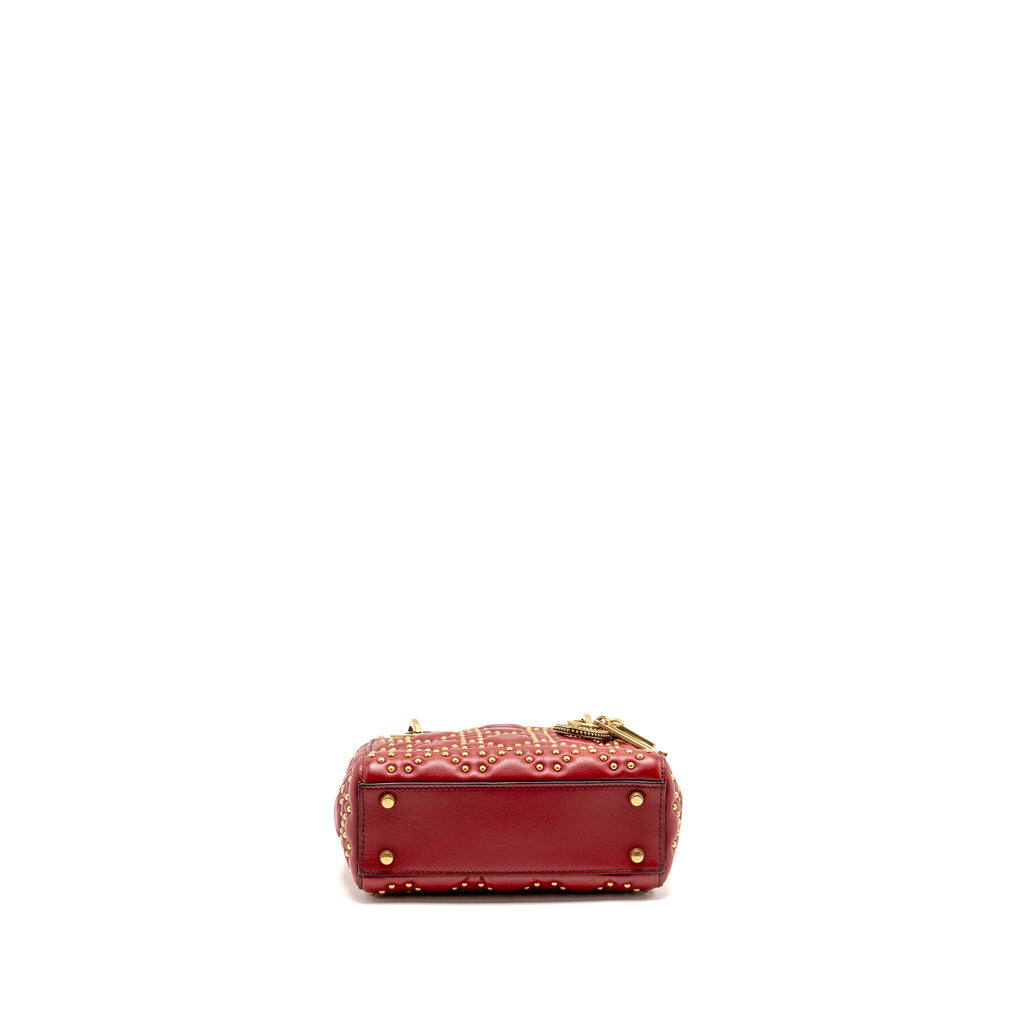 DIOR LOVE CHARM MINI LADY DIOR STUDDED LAMBSKIN RED GHW