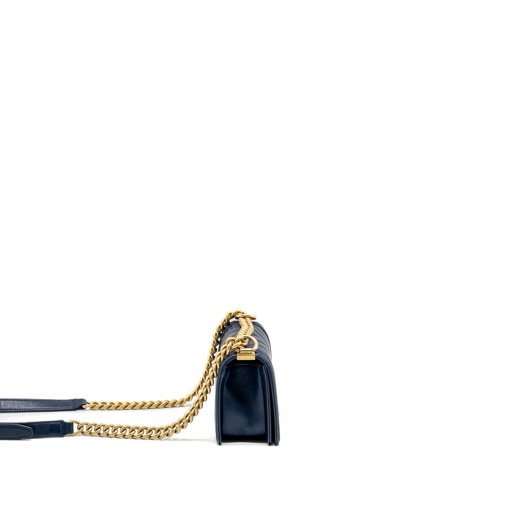 CHANEL SMALL CHEVRON BOY BAG LAMBSKIN NAVY GHW