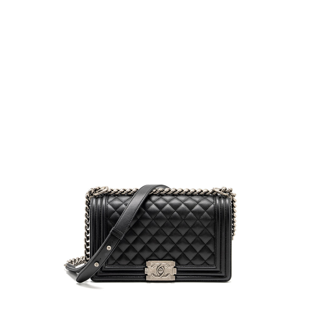 CHANEL MEDIUM BOY BAG CAVIAR BLACK RUTHENIUM SILVER HARDWARE (MICROCHIP)