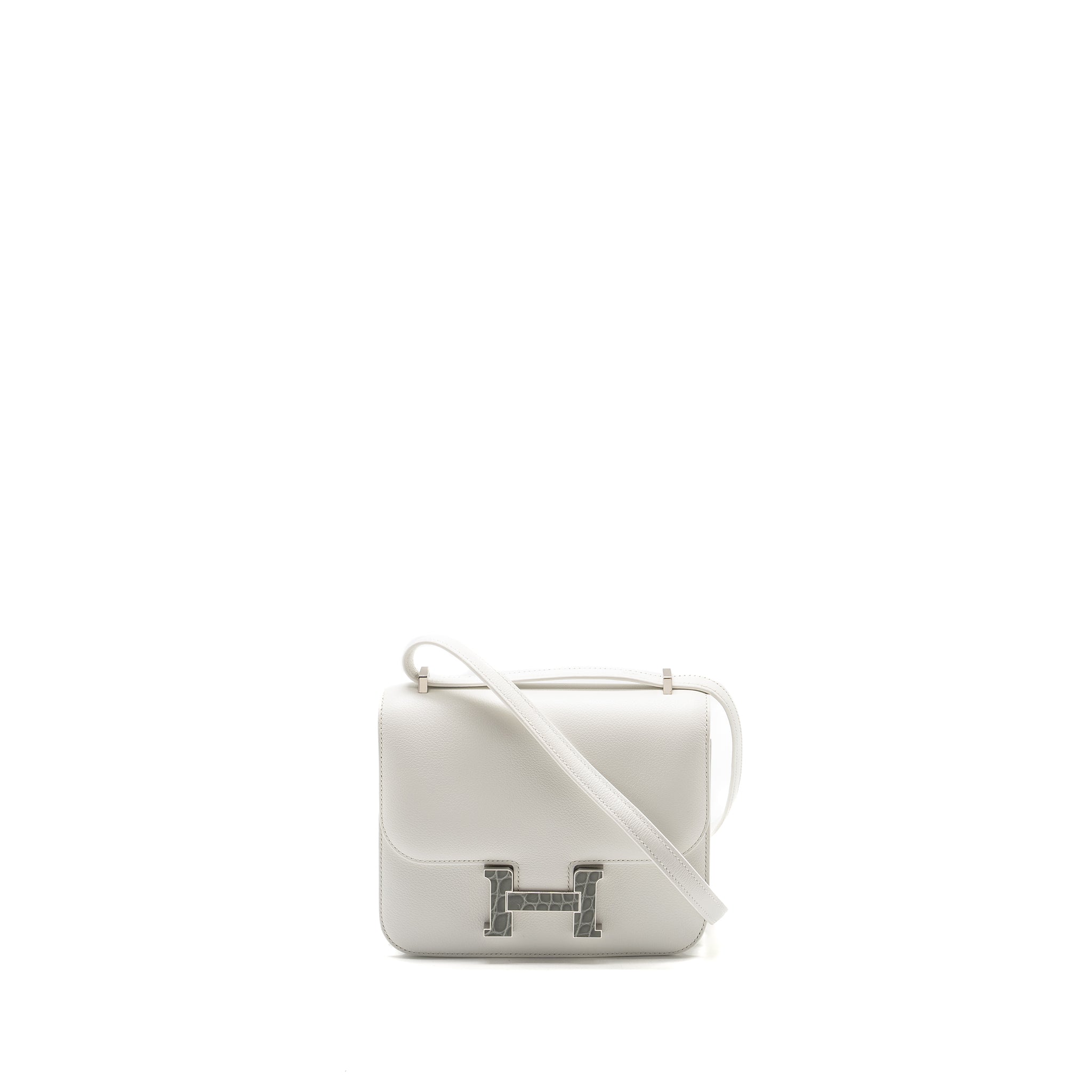 HERMES MINI CONSTANCE EVERCOLOR/ALLIGATOR MISSISSIPPIENSIS LISSE BUCKLE NEW WHITE / GRIS CIMENT SHW