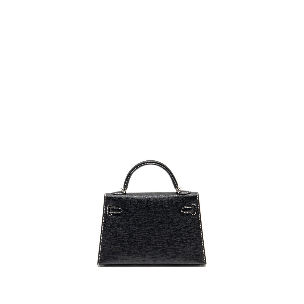 HERMES MINI KELLY II SPECIAL ORDER CHEVRE MYSORE BLACK / GRIS PERLE WHITE STITCHING SHW