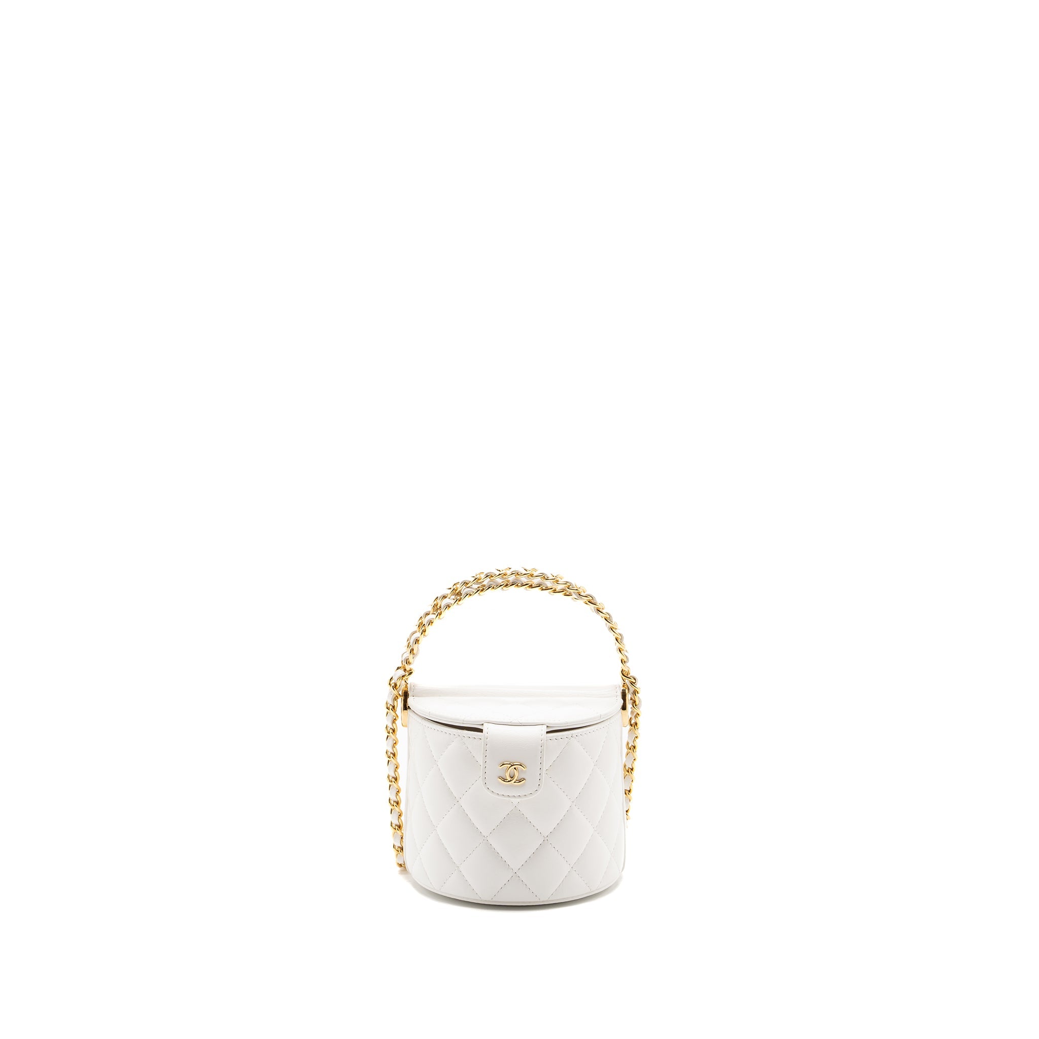 CHANEL TOP HANDLE ROUND VANITY WITH CHAIN LAMBSKIN WHITE GHW (MICROCHIP)