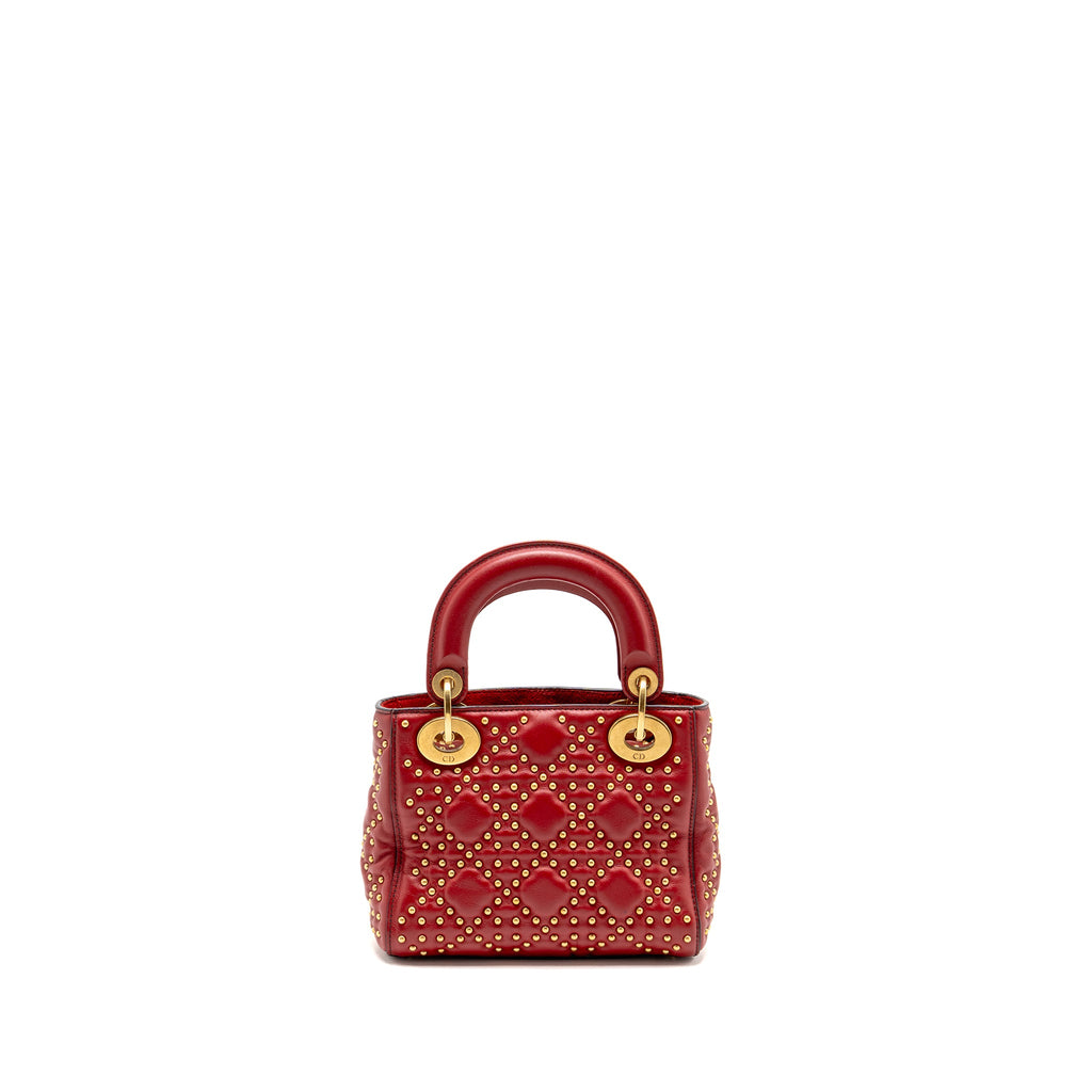 DIOR LOVE CHARM MINI LADY DIOR STUDDED LAMBSKIN RED GHW