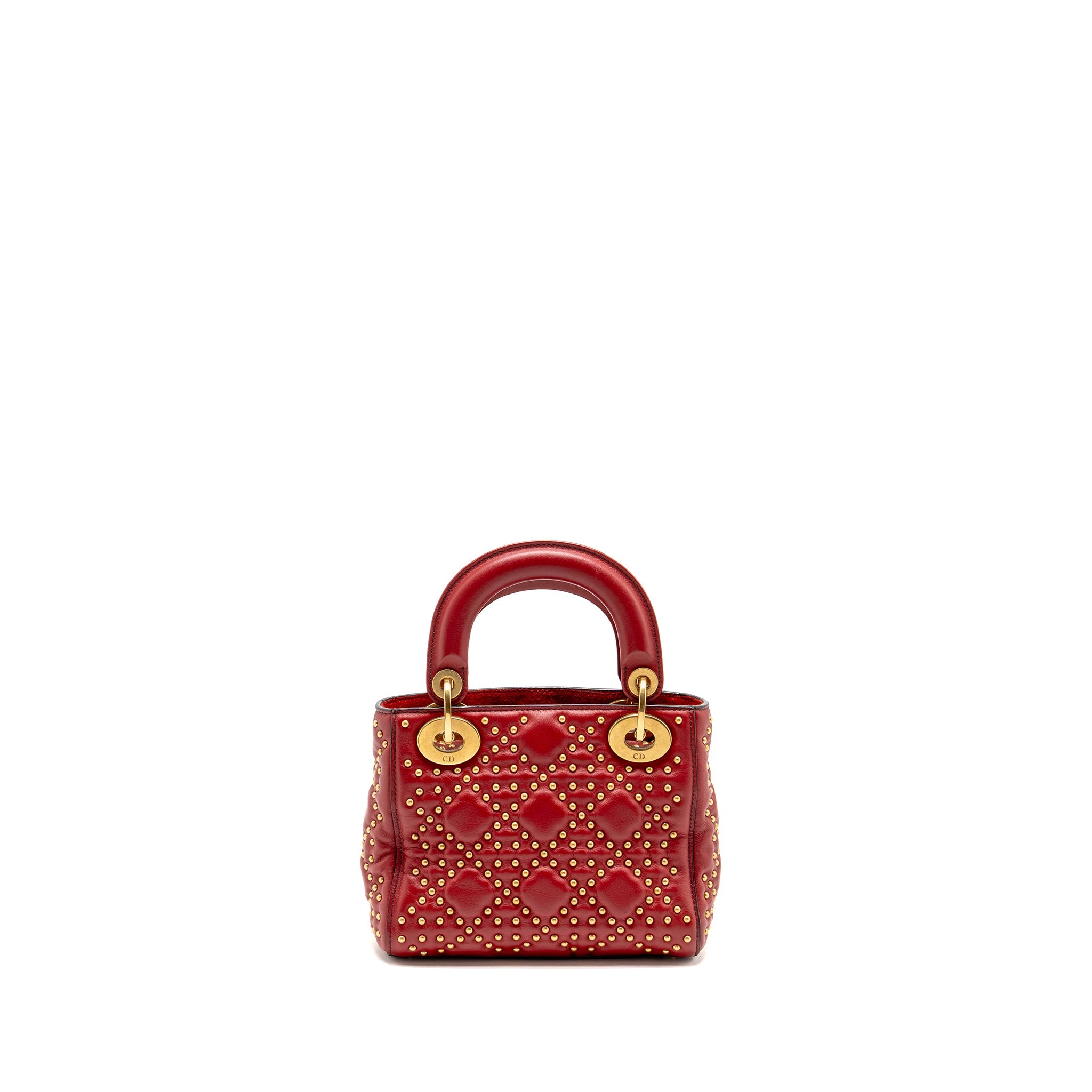 DIOR LOVE CHARM MINI LADY DIOR STUDDED LAMBSKIN RED GHW
