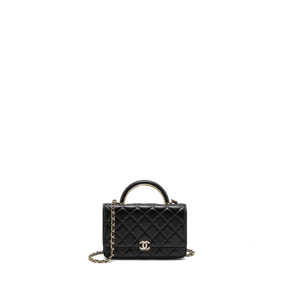 CHANEL LEATHER TOP HANDLE WALLET ON CHAIN LAMBSKIN BLACK LGHW (MICROCHIP)