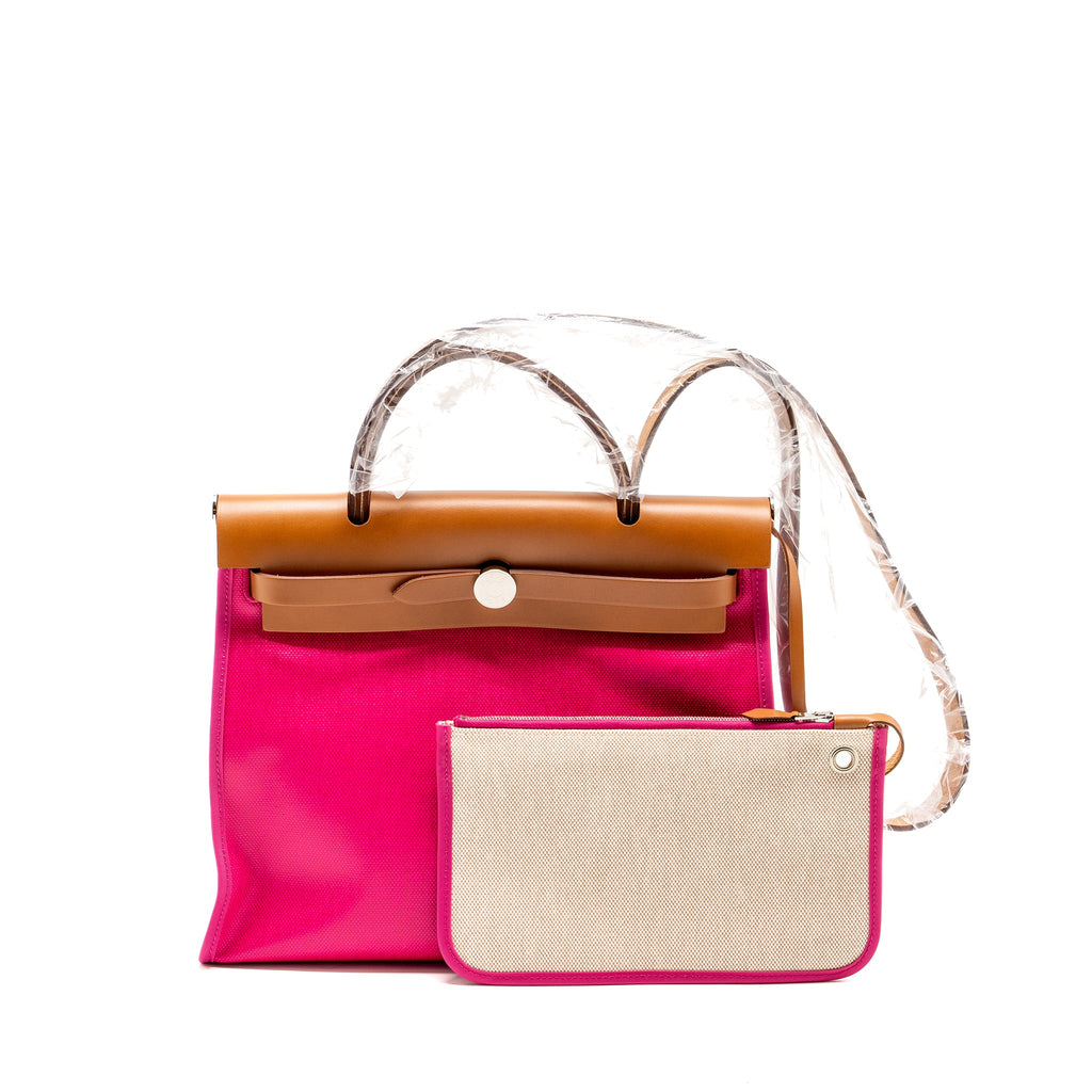 HERMES HERBAG 31 ZIP BAG TOILE H BERLINER CANVAS / HUNTER ROSE SHOCKING / BEIGE / FAUVE SHW