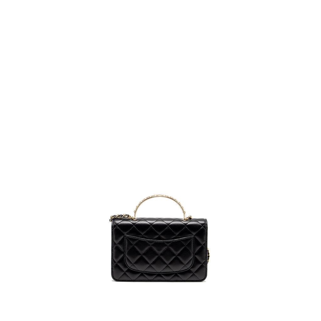 CHANEL PEARL DETAILED TOP HANDEL WALLET ON CHAIN LAMBSKIN BLACK LGHW (MICROCHIP)