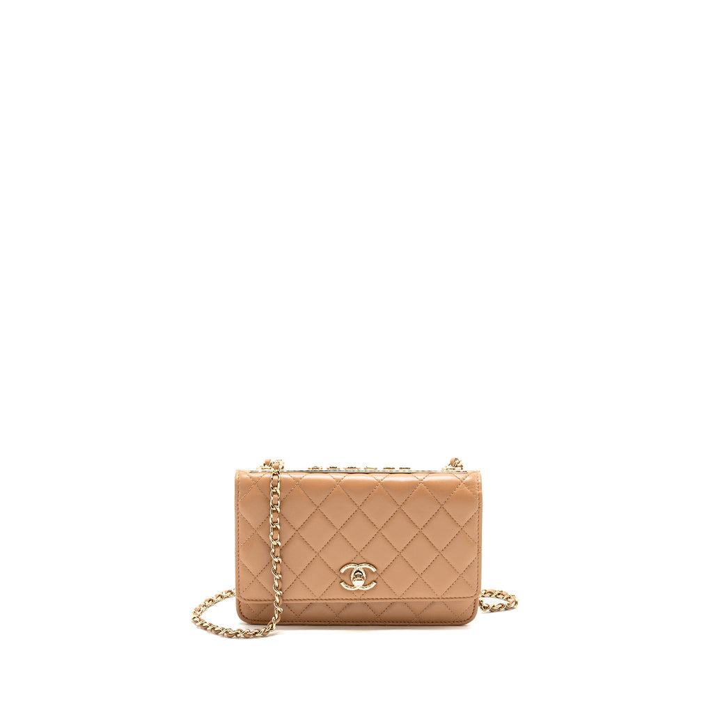 CHANEL TRENDY CC WALLET ON CHAIN LAMBSKIN DARK BEIGE LGHW (MICROCHIP)