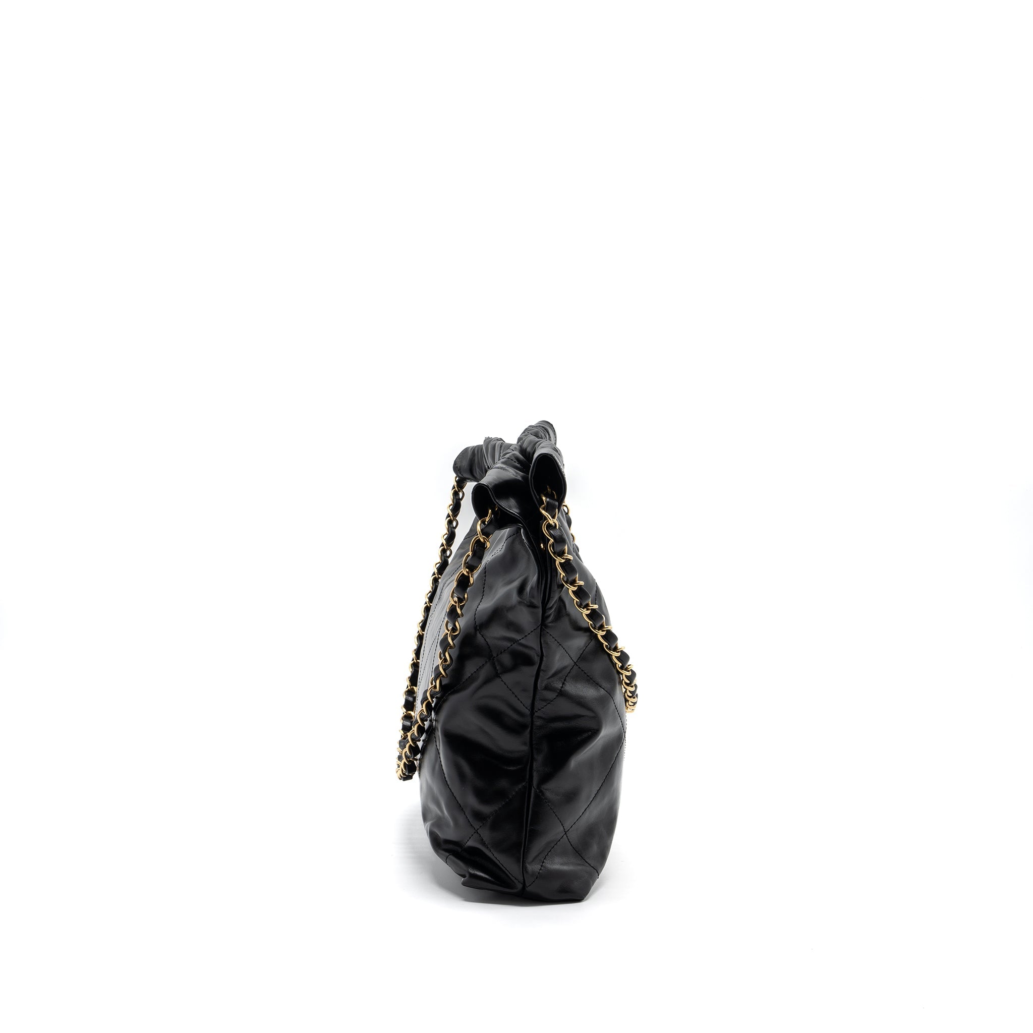 CHANEL SMALL 22 BAG GOLD LETTER SHINY  CALFSKIN BLACK BRUSHED GHW (MICROCHIP)