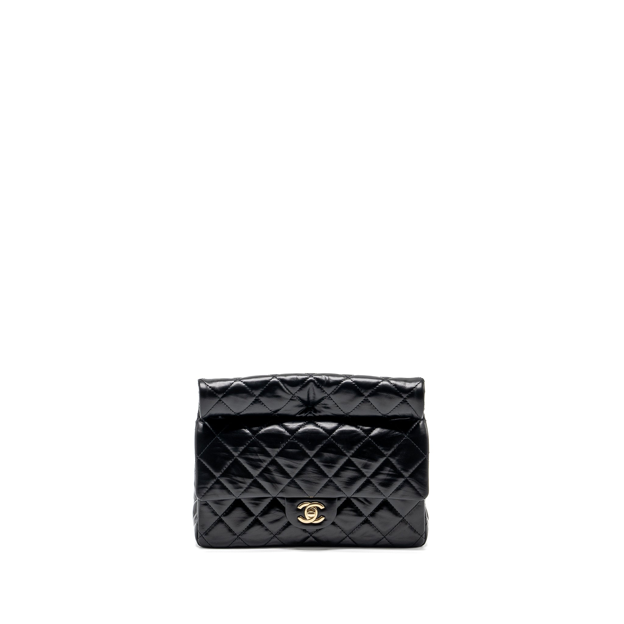 CHANEL 23A CLASSIC FLAP CLUTCH SHINY CALFSKIN BLACK LGHW (MICROCHIP)
