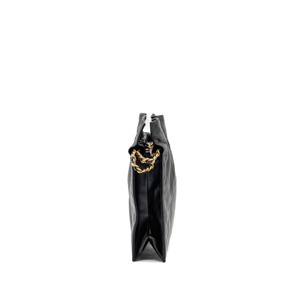 CHANEL SMALL DRAWSTRING TOTE BAG WITH CHAIN SHINY LAMBSKIN BLACK GHW