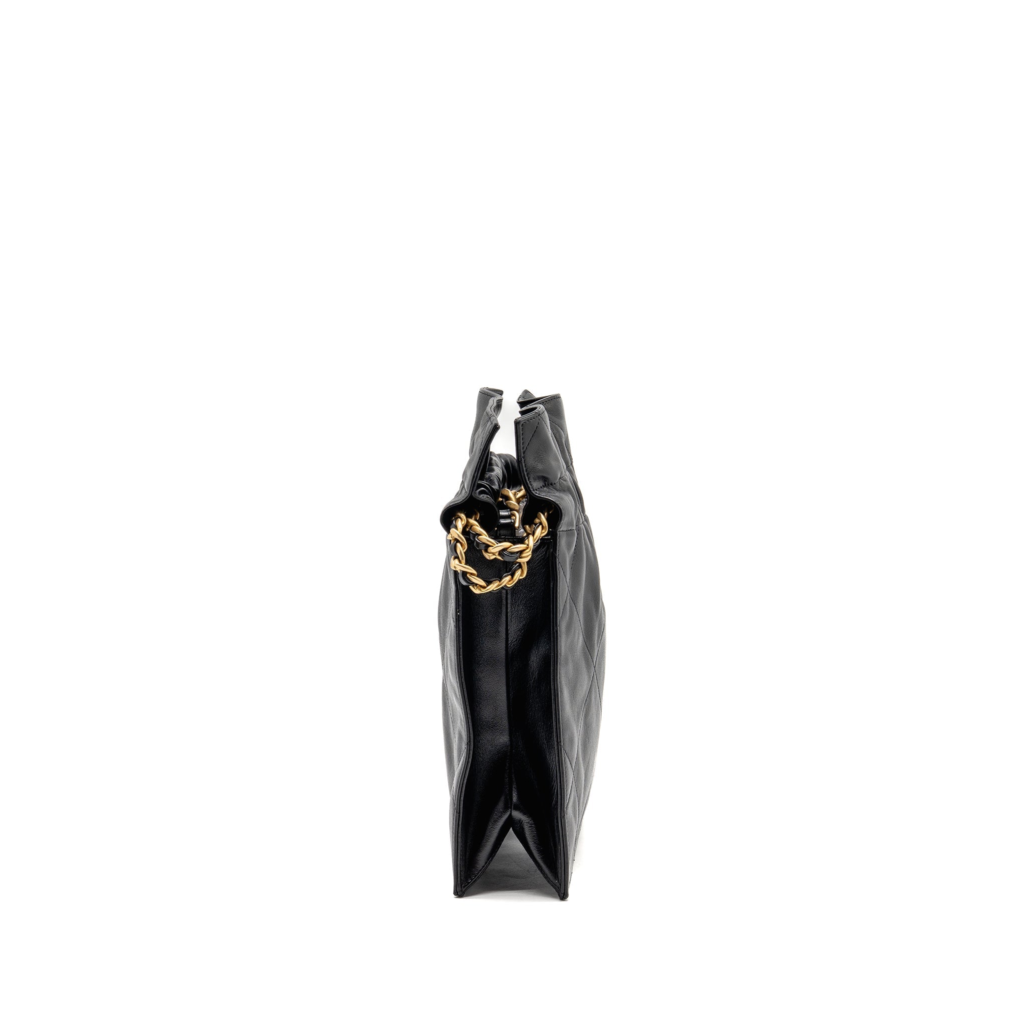 CHANEL SMALL DRAWSTRING TOTE BAG WITH CHAIN SHINY LAMBSKIN BLACK GHW
