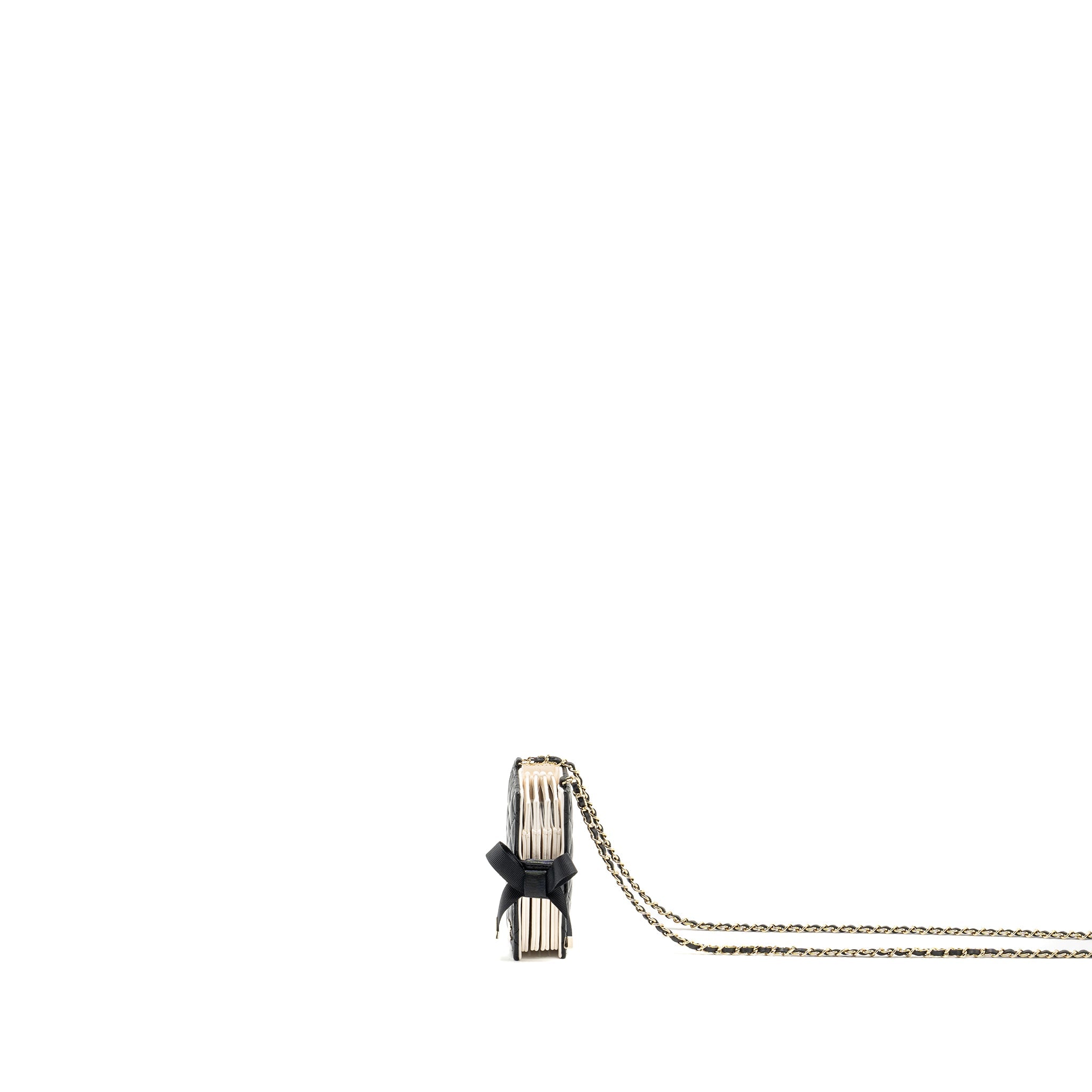 CHANEL MINI BOOK CARD HOLDER WITH CHAIN LAMBSKIN BLACK LGHW (MICROCHIP)